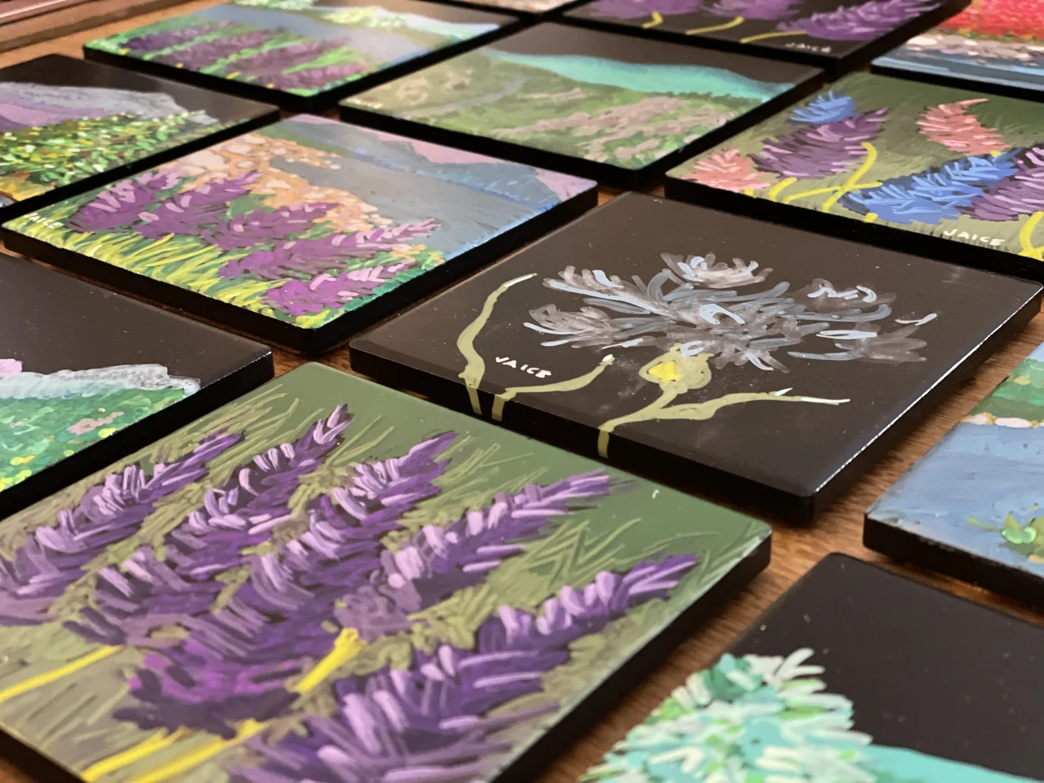 Purple Lupine on Green Hand-Painted Ceramic Tile (Single Tile