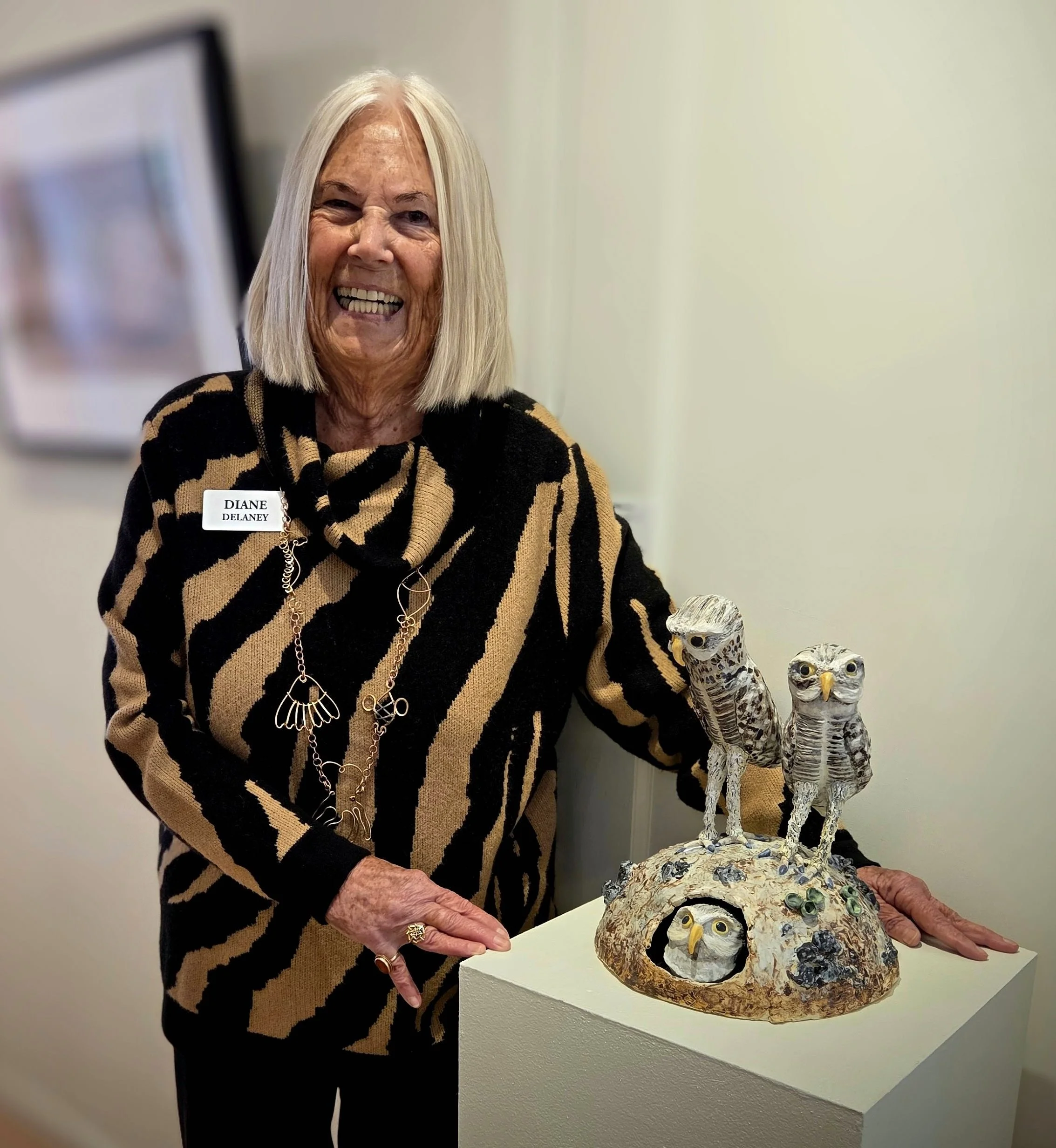An elderly woman with white hair and a black and beige patterned sweater stands next to a ceramic owl sculpture, smiling. She has a name tag that reads "Diane Delaney" and is wearing a necklace and rings.