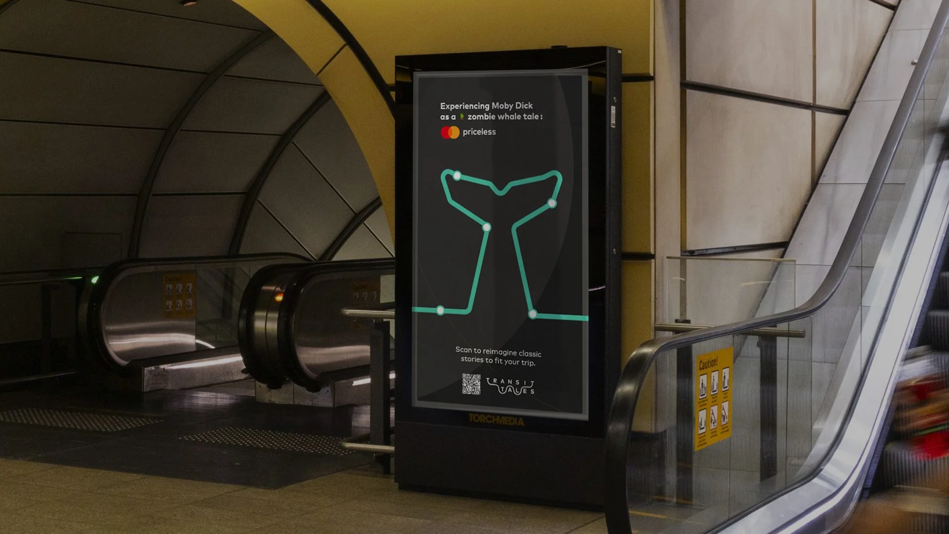Digital advertisement at an escalator showing a stylized whale tail made of connected dots, with text about experiencing Moby Dick as a zombie whale tale, and a QR code for scanning.