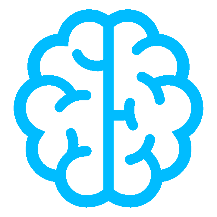 Blue outline of a human brain on a black background