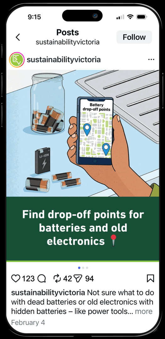 Illustration of a hand holding a smartphone with a map showing battery drop-off points, next to a container of used batteries, on a table with discarded batteries, and a dish rack.
