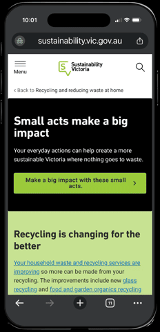 Screenshot of a website from sustainability.vic.gov.au discussing small acts making a big impact and promoting recycling habits for a sustainable Victoria.