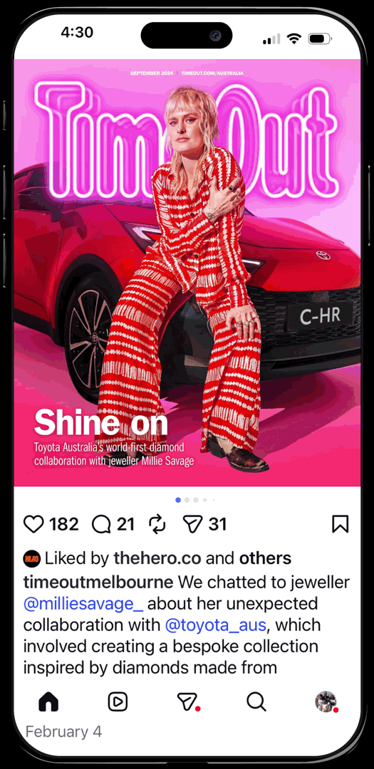 A woman with light blonde hair in a red and white striped outfit, sitting on the hood of a red Toyota car, with a pink background and the word 'Time Out' displayed in neon-style text.