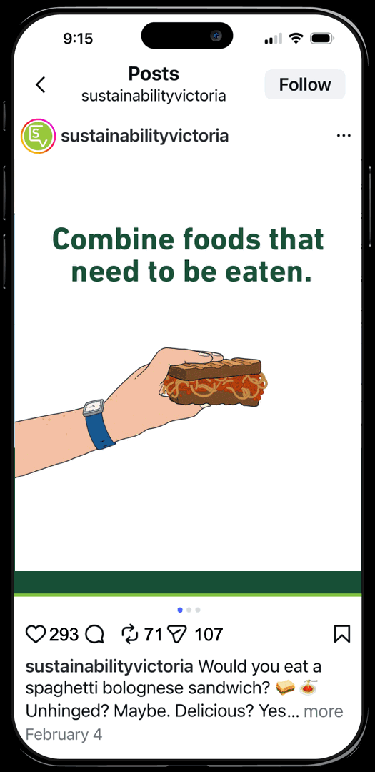 Social media post showing hand holding a spaghetti Bolognese sandwich with text 'Combine foods that need to be eaten'