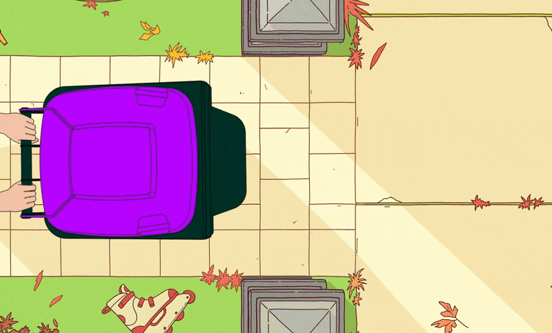Top view of a purple suitcase on a green luggage cart on a tiled outdoor area, with autumn leaves scattered around.