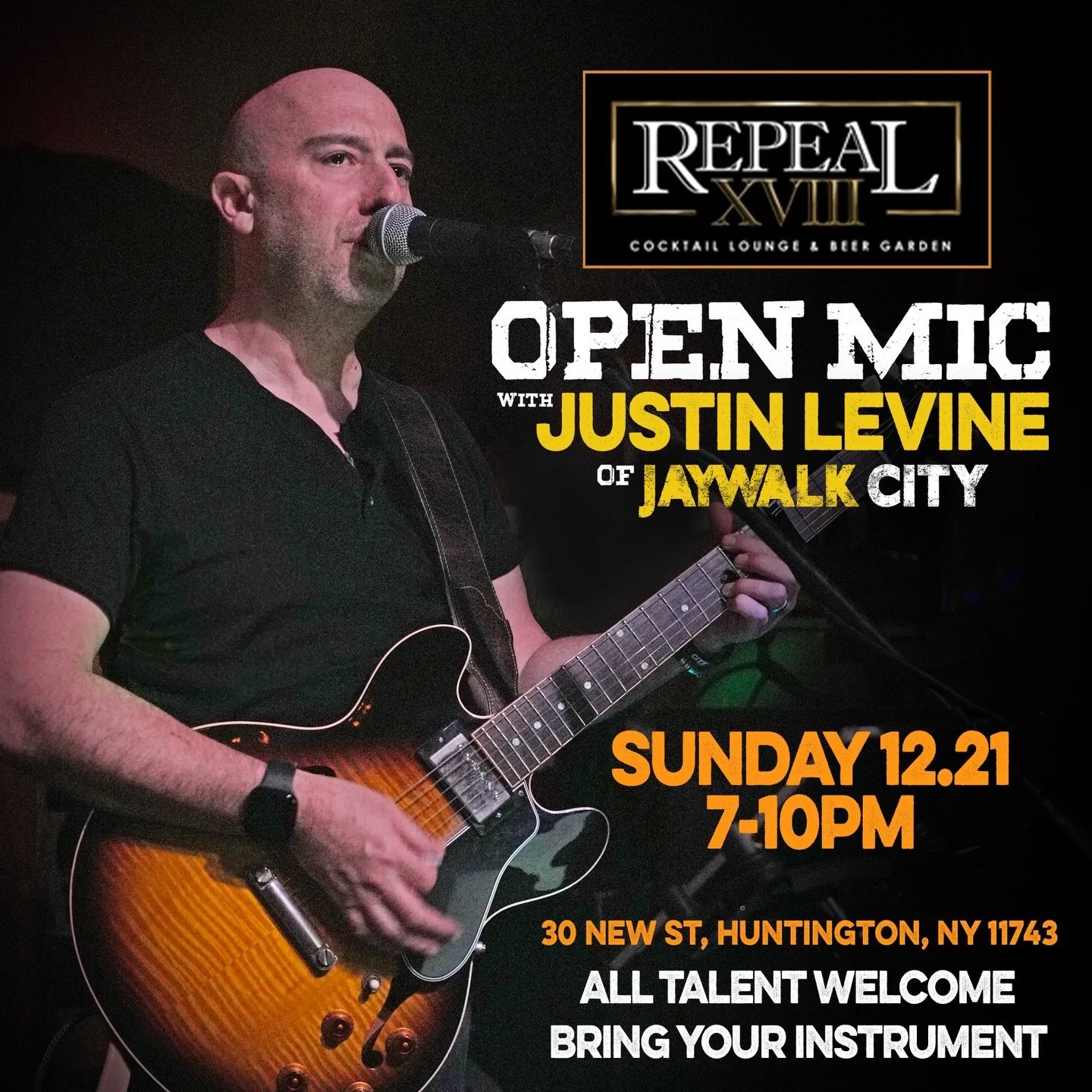 This Sunday evening, come down to @repeal_xviii in Huntington and join our very own @justin_levine79 for an Open Mic night 7-10pm.
All musicians welcome! Covers and originals! 🎶 🎸 🎤