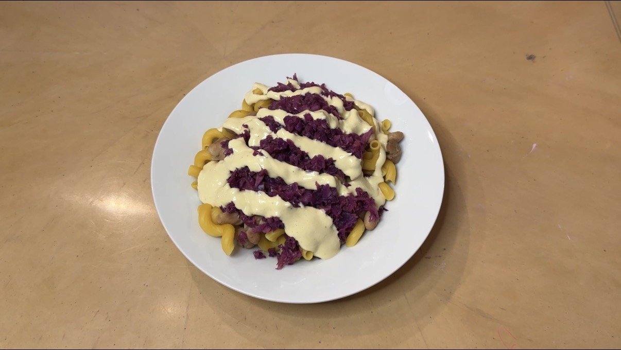 Creamy Cashew Pinto Pasta with Warm Red Cabbage 