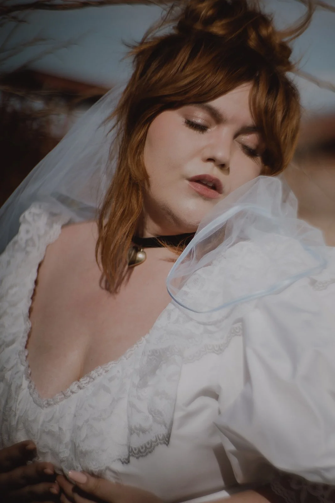 images by Cruz Valentin Photo and featuring Whitney Vertucci and Maxime Pardo in Glass Canary Vintage with accessories by The Veil Project.