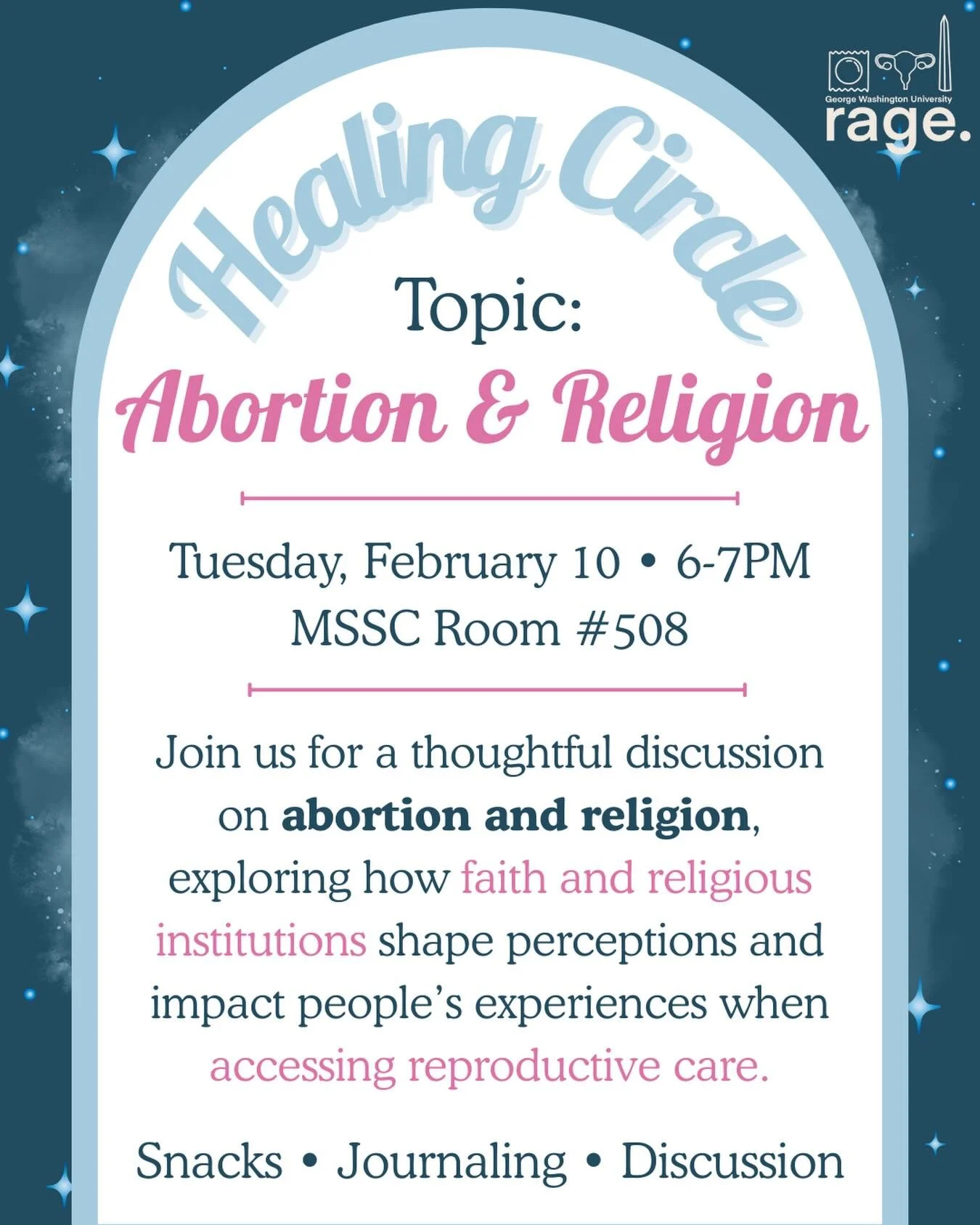 Come join us for our second event in our Healing Circle Series! There will be a supportive space to journal and discuss abortion and religion in the reproductive justice sphere. 

🗓️ Tues, Feb 10 6-7PM
📍 MSSC Room 508 (USC 5th Floor)

[Image Descri
