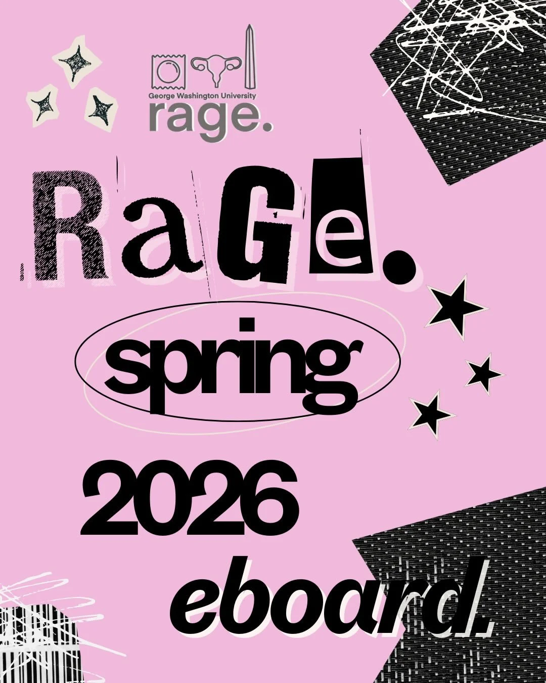 Roll Call!! 📣Meet the Spring 2026 RAGE Eboard! And be sure to be on the lookout for some of the best RAGE events of the year this semester including RAGE Fest and the RAGE Concert Fundraiser!

[Image Description]
Slide 1: A pink background with blac