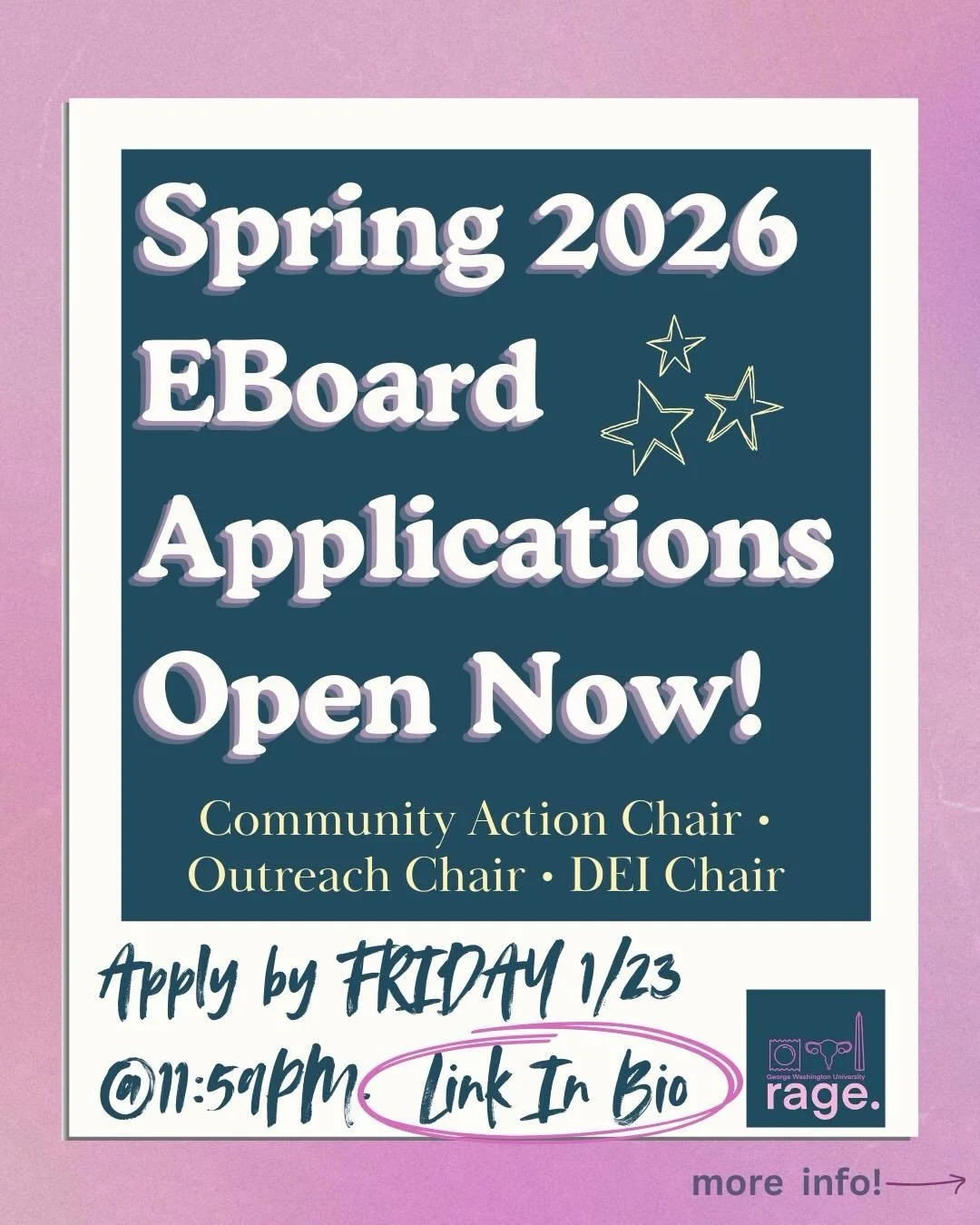 Looking to get more involved with RAGE? Apply for EBoard! Positions Open: Community Action Chair, Outreach Chair, and our new DEI Chair! Apply through the link in our bio by Friday 1/23 at 11:59PM! 

https://docs.google.com/forms/d/e/1FAIpQLSfRWpGNqp