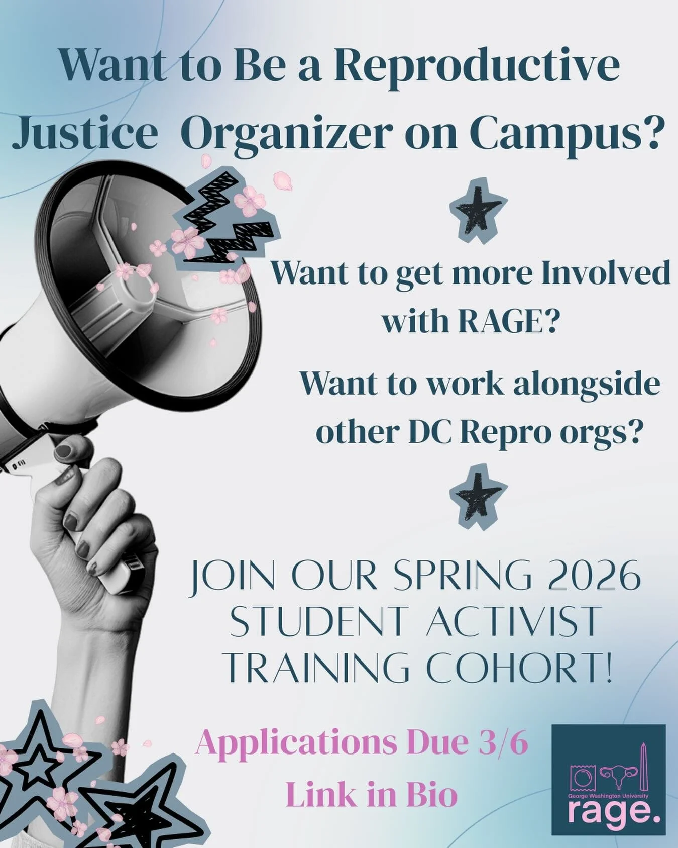 It&rsquo;s time for a our Spring 2026 Student Organizer Training series! Apply at the link in the bio by 3/6 to get more familiar with RAGE, the goals of the reproductive justice movement, and get to know some of RAGE&rsquo;s DC community partners!


