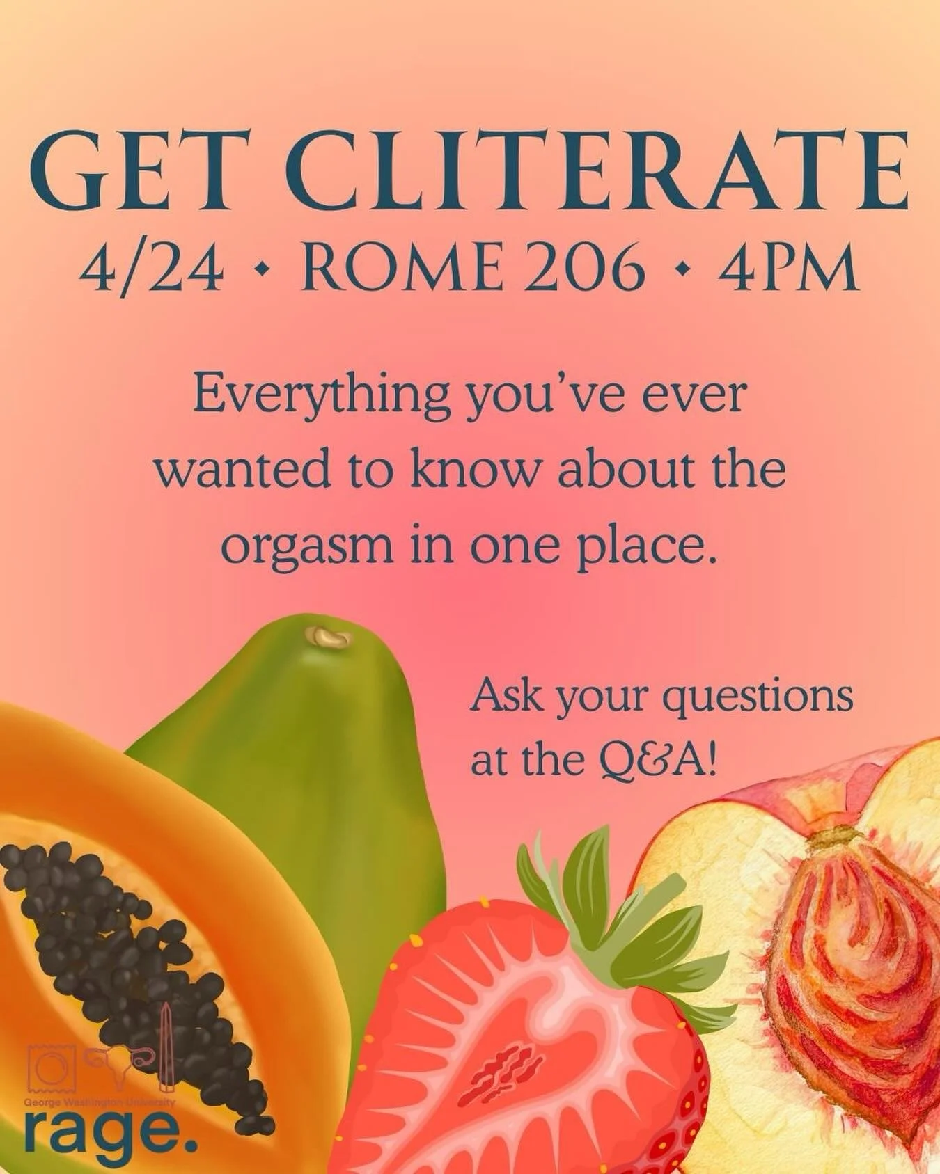 School&rsquo;s in session and it&rsquo;s time to get cliterate! Come learn everything you need to know about sex, pleasure, and orgasms. 

🗓️ April 24 &bull; 4PM
📍Rime Hall 206

Image ID:
A pink and orange imbre background with illustrations of a p