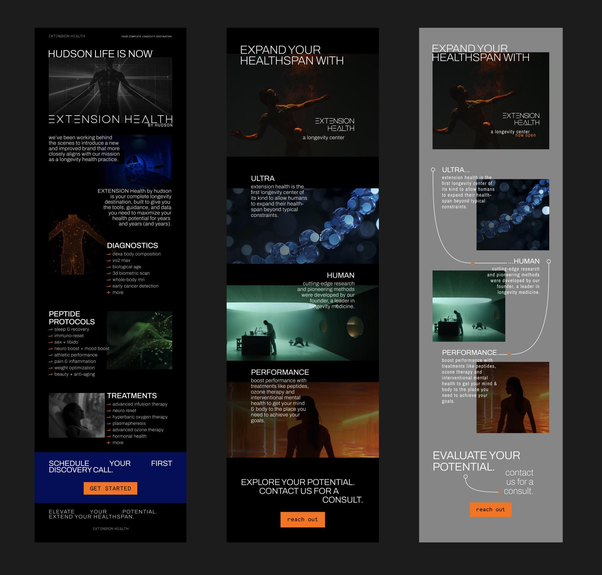 Led the evolution of email designs for a healthcare start-up over a 9-month period. Design exploration began with a darker palette and AI-generated imagery. (Leftmost email went to customers; middle and right are concepts)