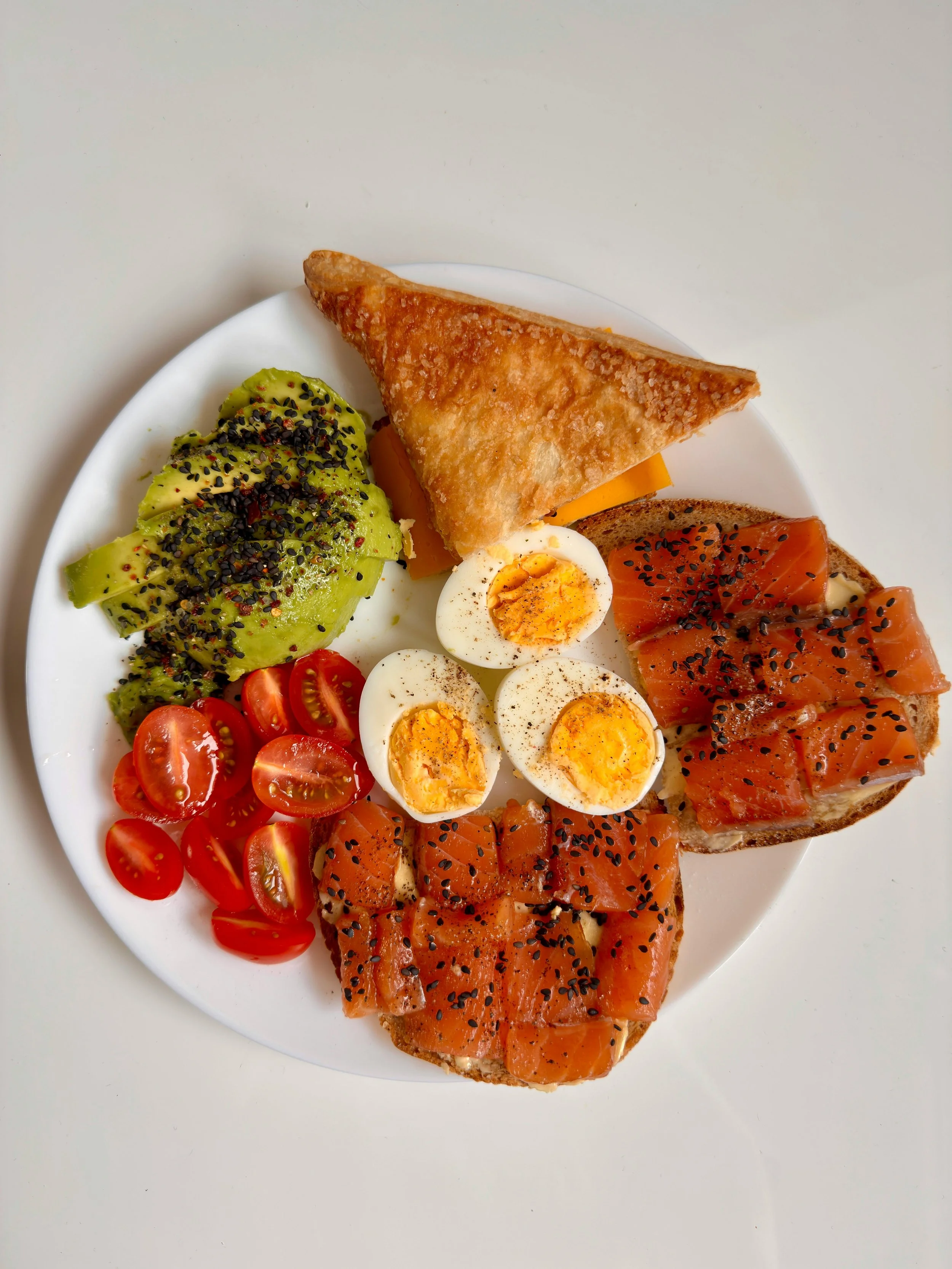 Balanced high protein meal with vegetables and eggs for portion guidance