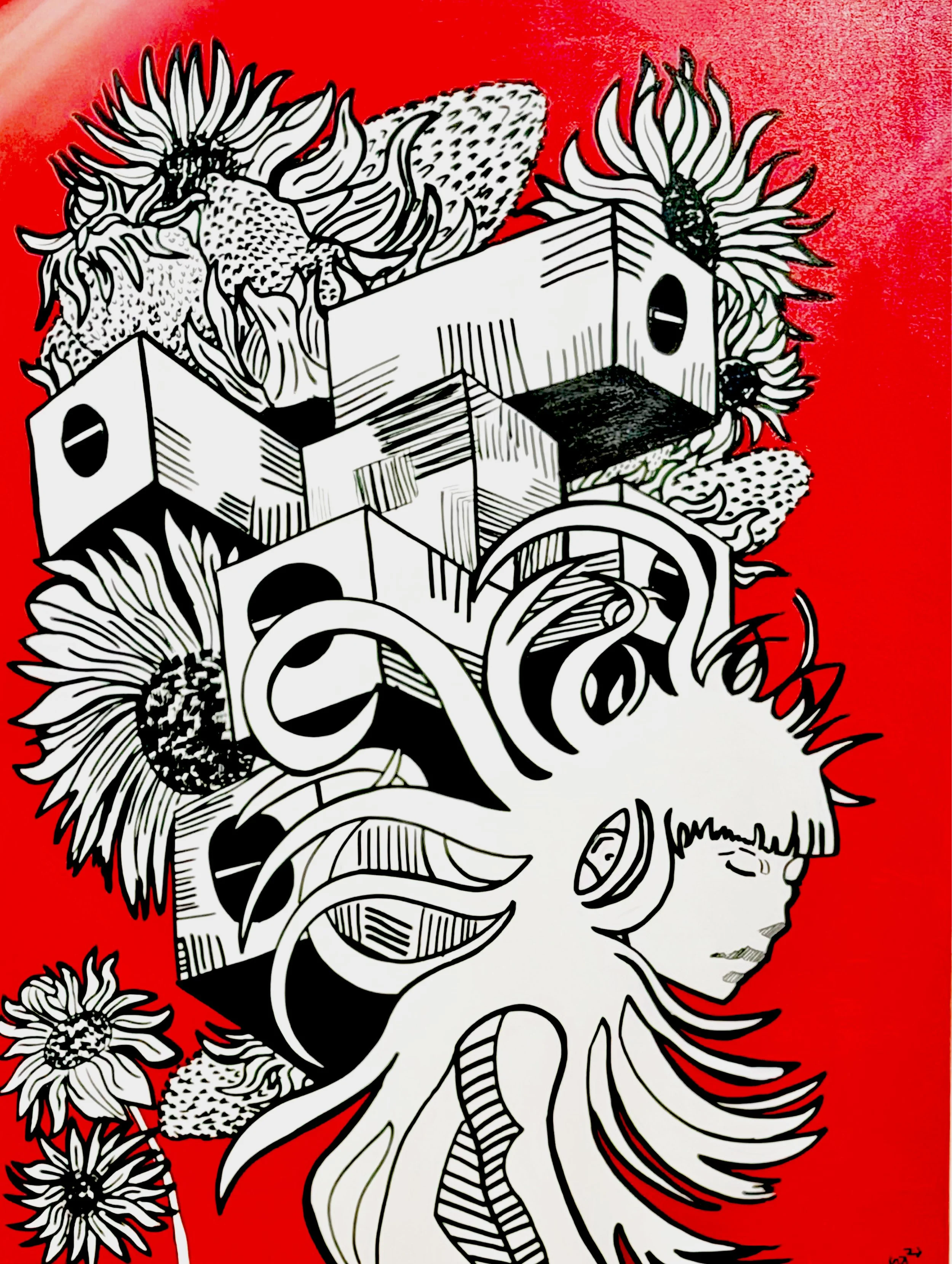 Black and white drawing of a woman with flowers and abstract shapes on a red background.