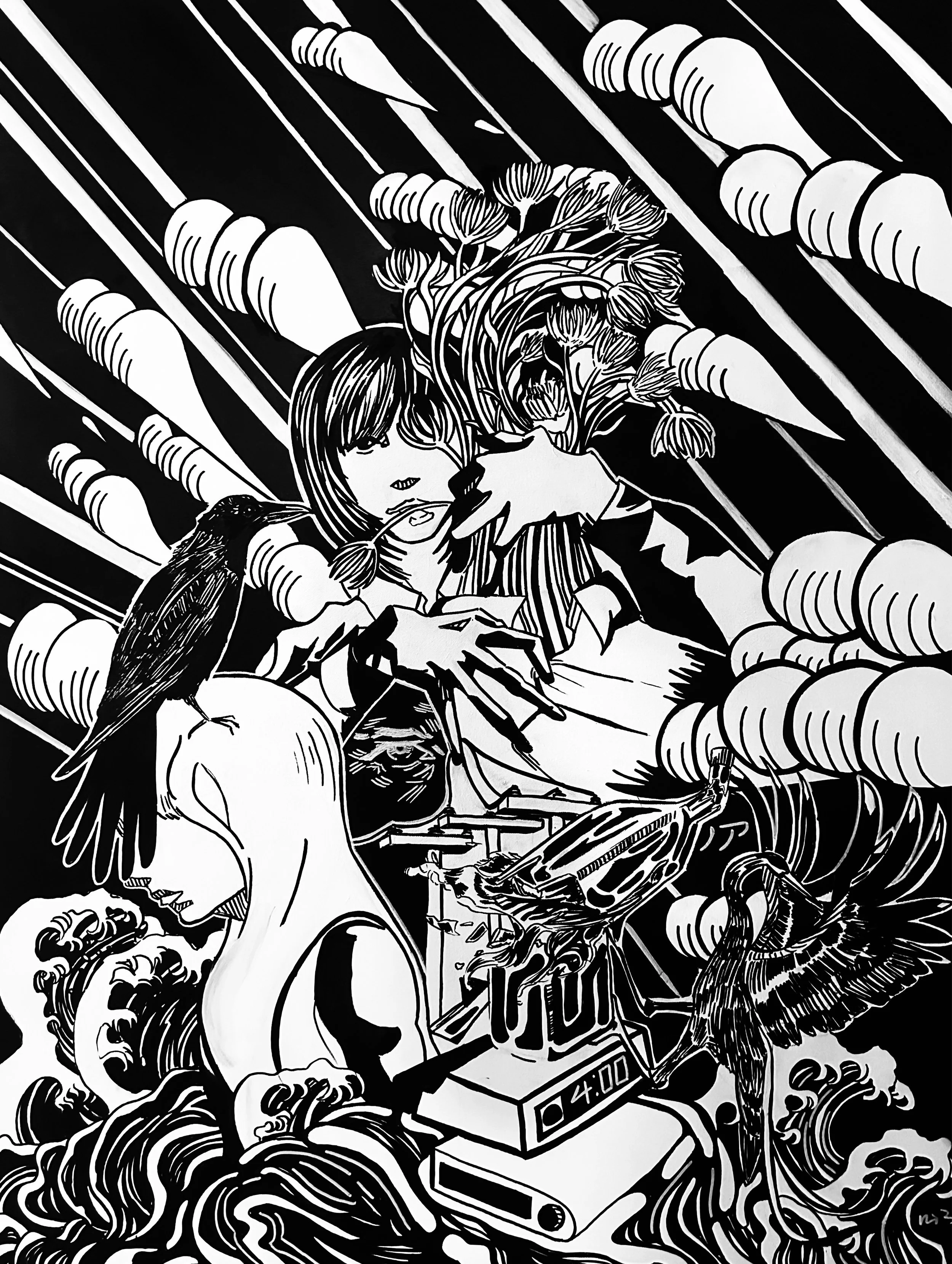 Black and white illustration of a woman with short hair holding a bunch of flowers in one hand and a cell phone in the other, standing next to a large alarm clock displaying 4:00, surrounded by swirling waves and clouds, with a bird perched on her arm.