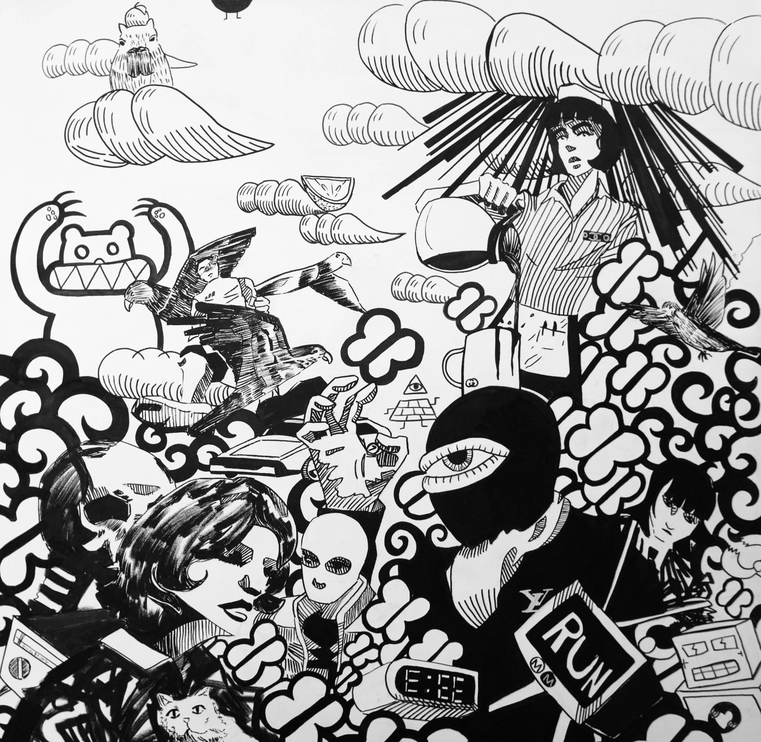 Black and white illustration featuring various artistic elements such as clouds, a person with a star-shaped head holding a jug, a cartoon pumpkin with a face, a cat, and a bird, with bold lines and detailed shading.