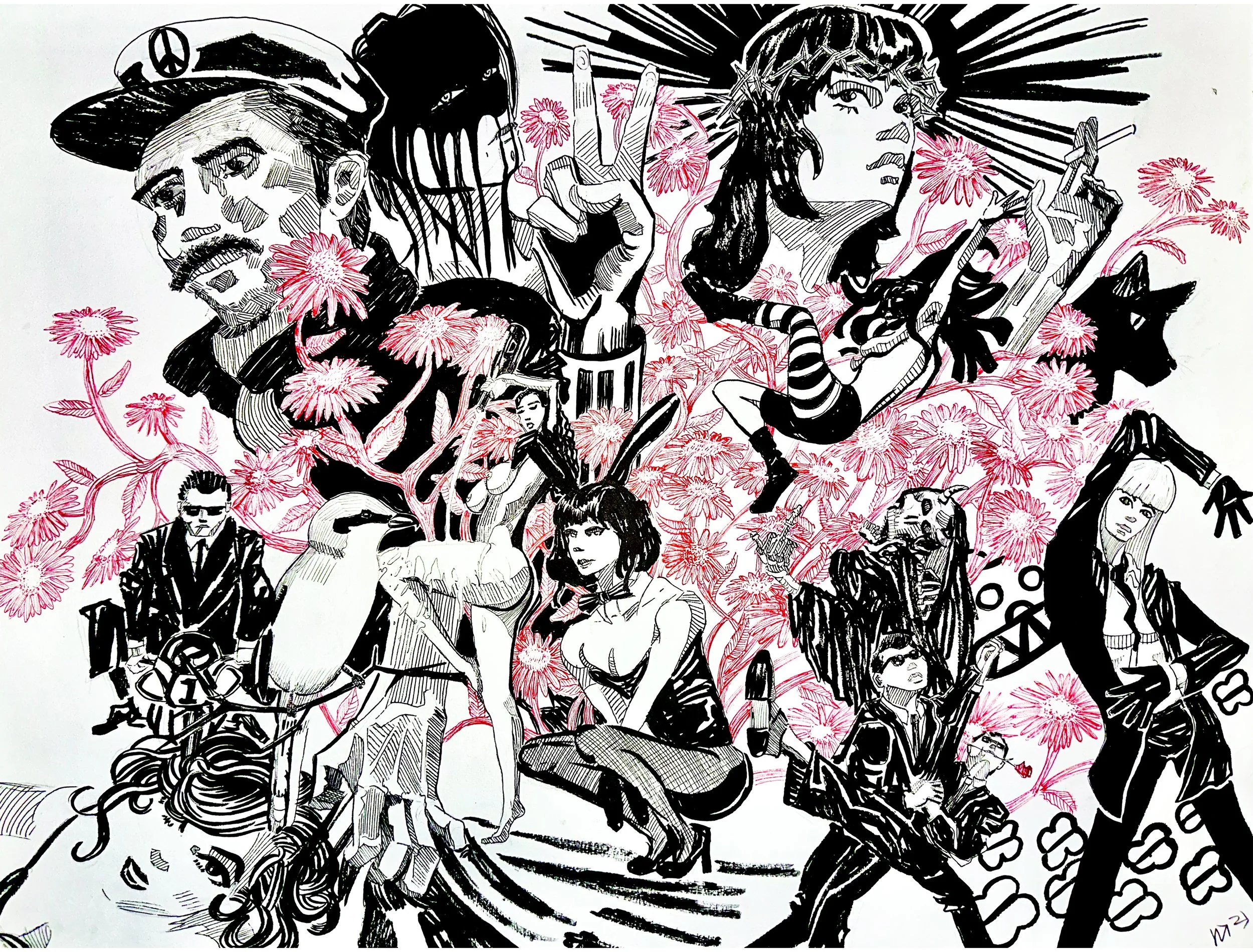 A detailed black and white illustration of various people, including a man with a mustache wearing a cap with a peace symbol, a person with long dreadlocks and sunglasses, a woman with dark hair and a striped outfit, and others, surrounded by pink flowers and floral patterns.