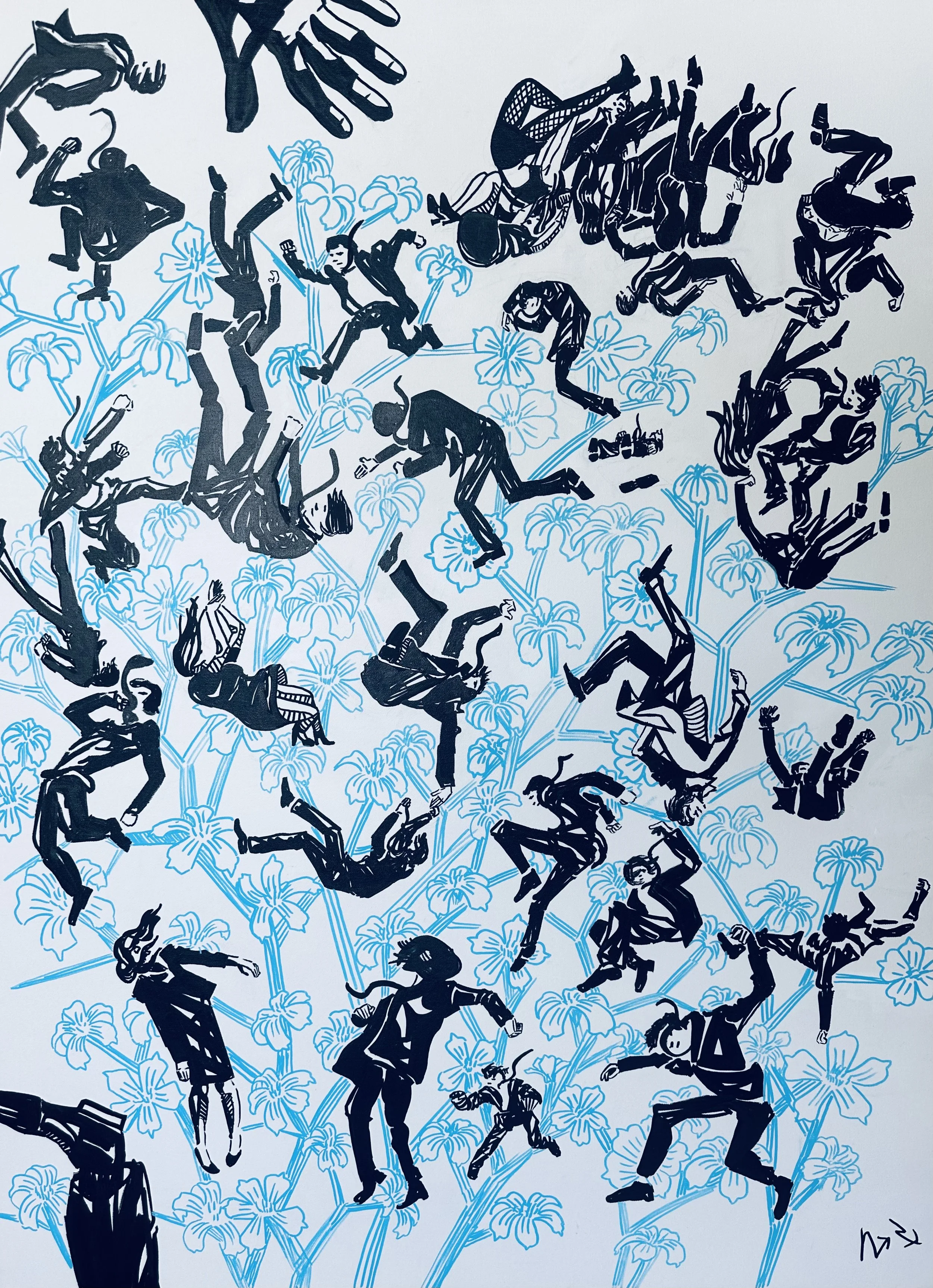 A drawing of numerous figures in various dynamic poses, intertwined with light blue stylized flowers and stems, creating a lively, chaotic scene.