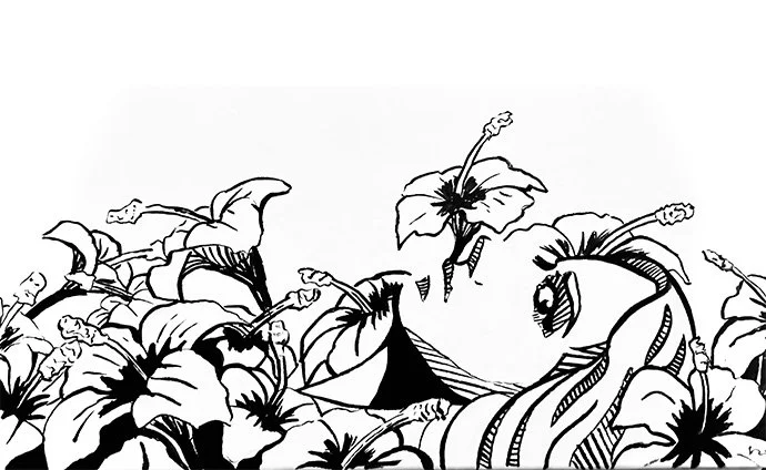 Black and white drawing of a pumpkin surrounded by large flowers and leaves.