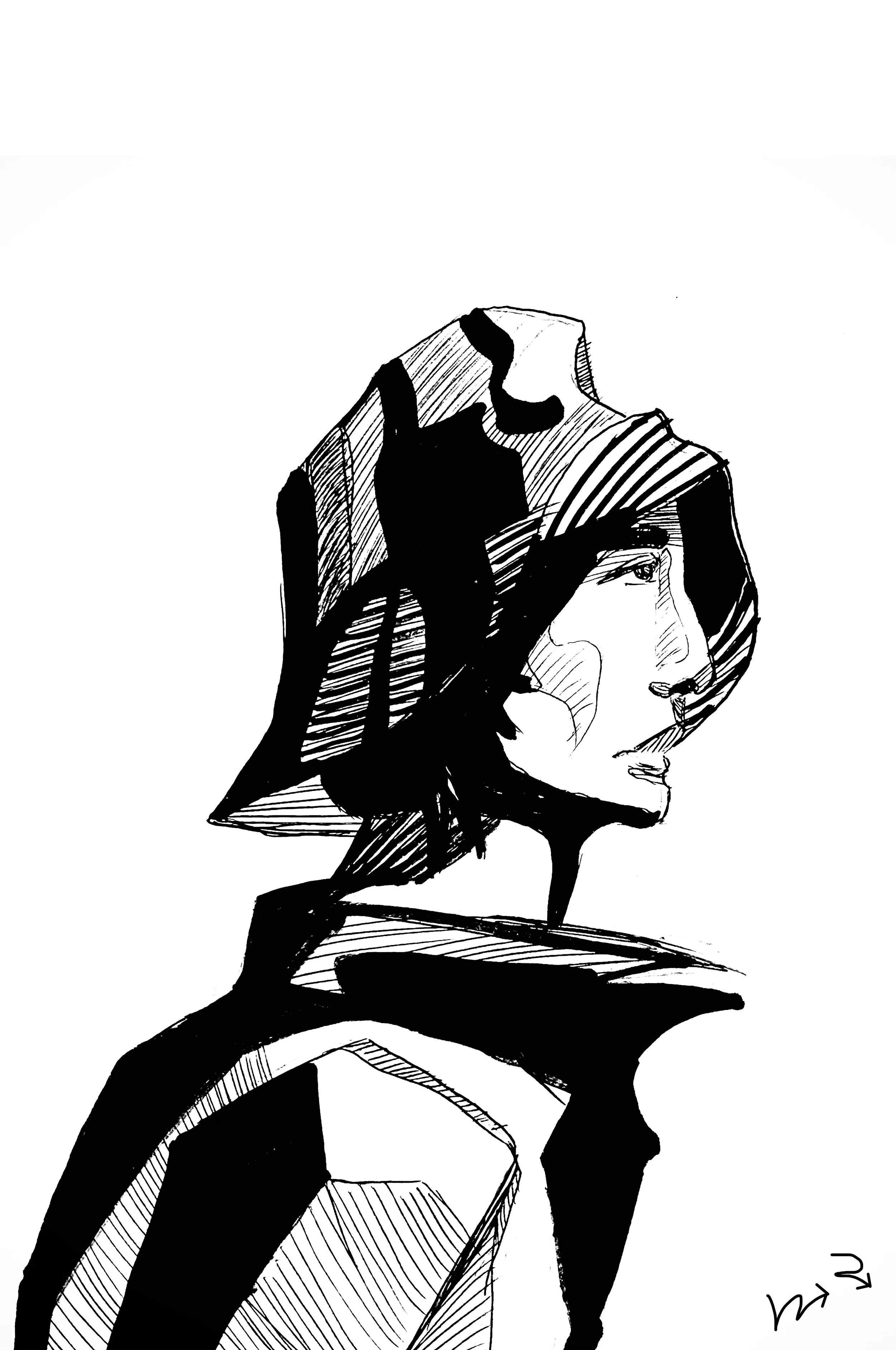 Black and white illustration of a woman with layered, sleek hair. Her face is shown in profile with a serious expression, and she is wearing a high-collared garment. The artist's signature is visible at the bottom right corner.