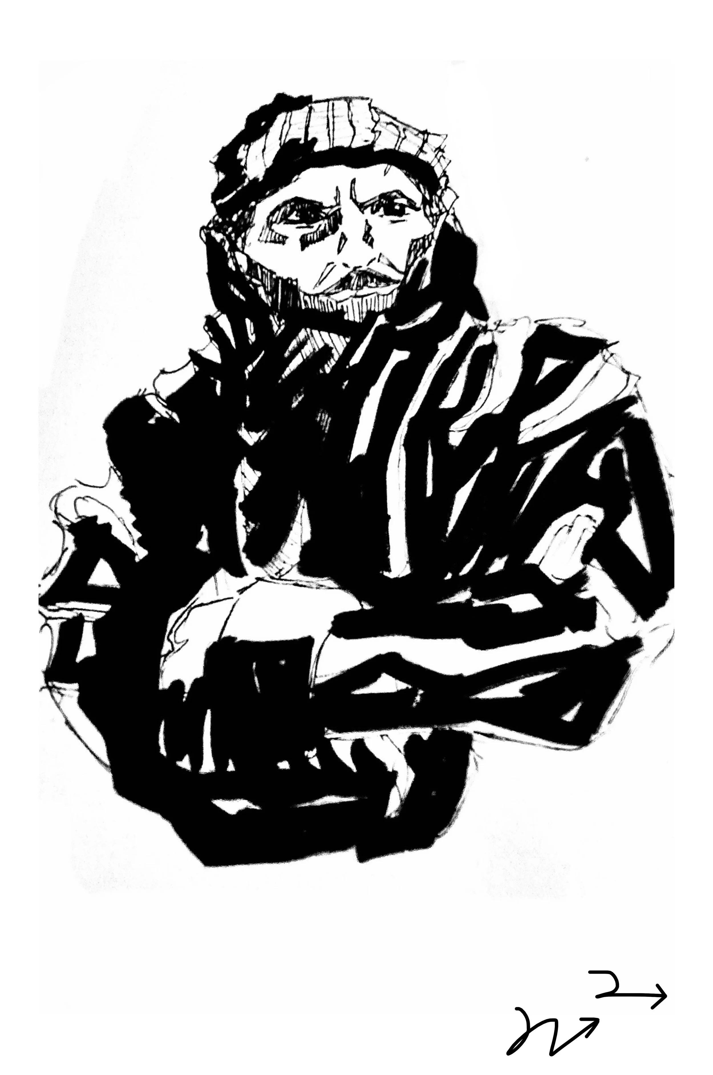 Black and white sketch of a woman with crossed arms, wearing a beanie hat and a striped shirt, with handwritten annotations.