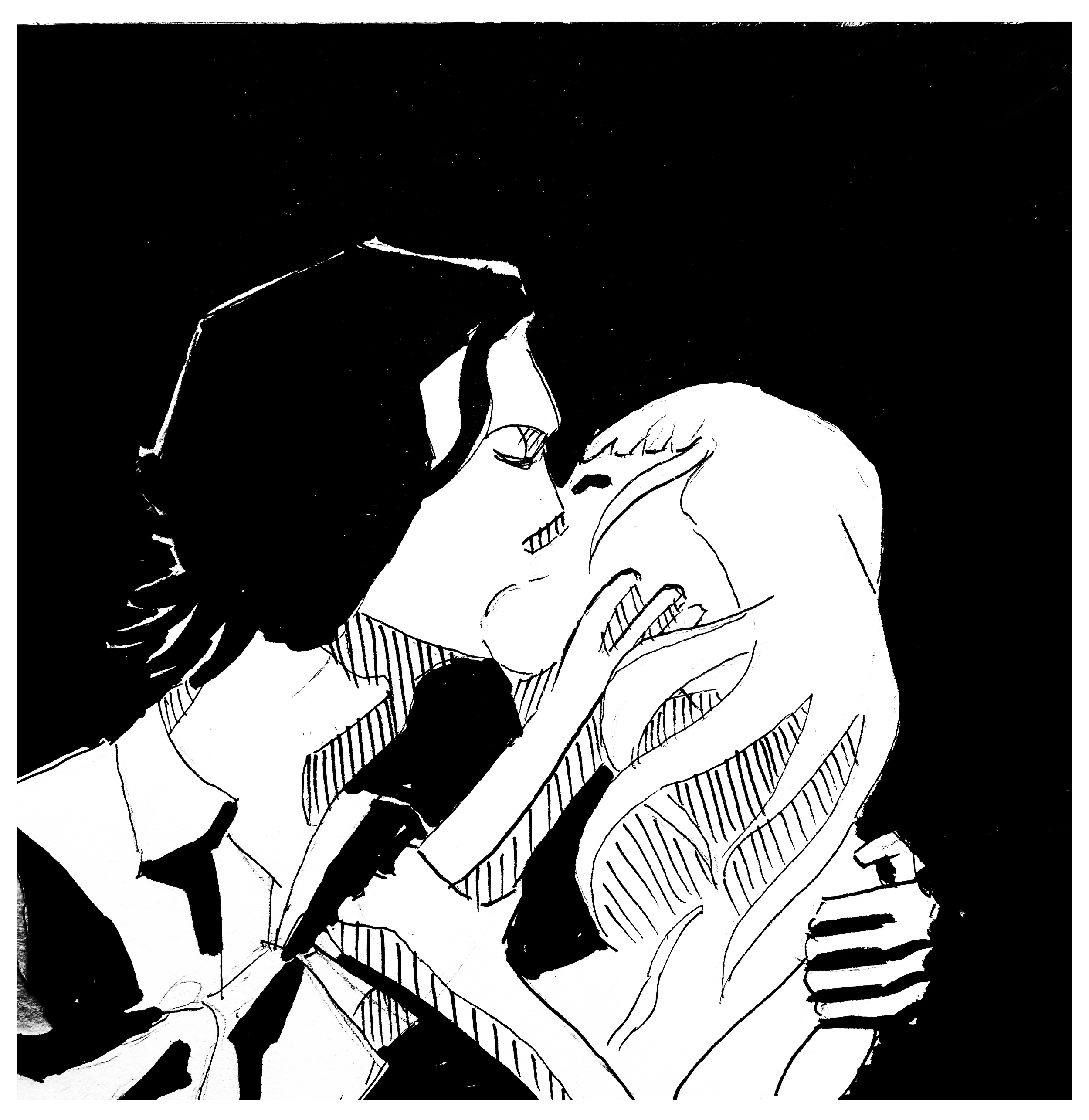 A black and white illustration of two people in an intimate moment, with one person touching the other's face and both appearing emotional.