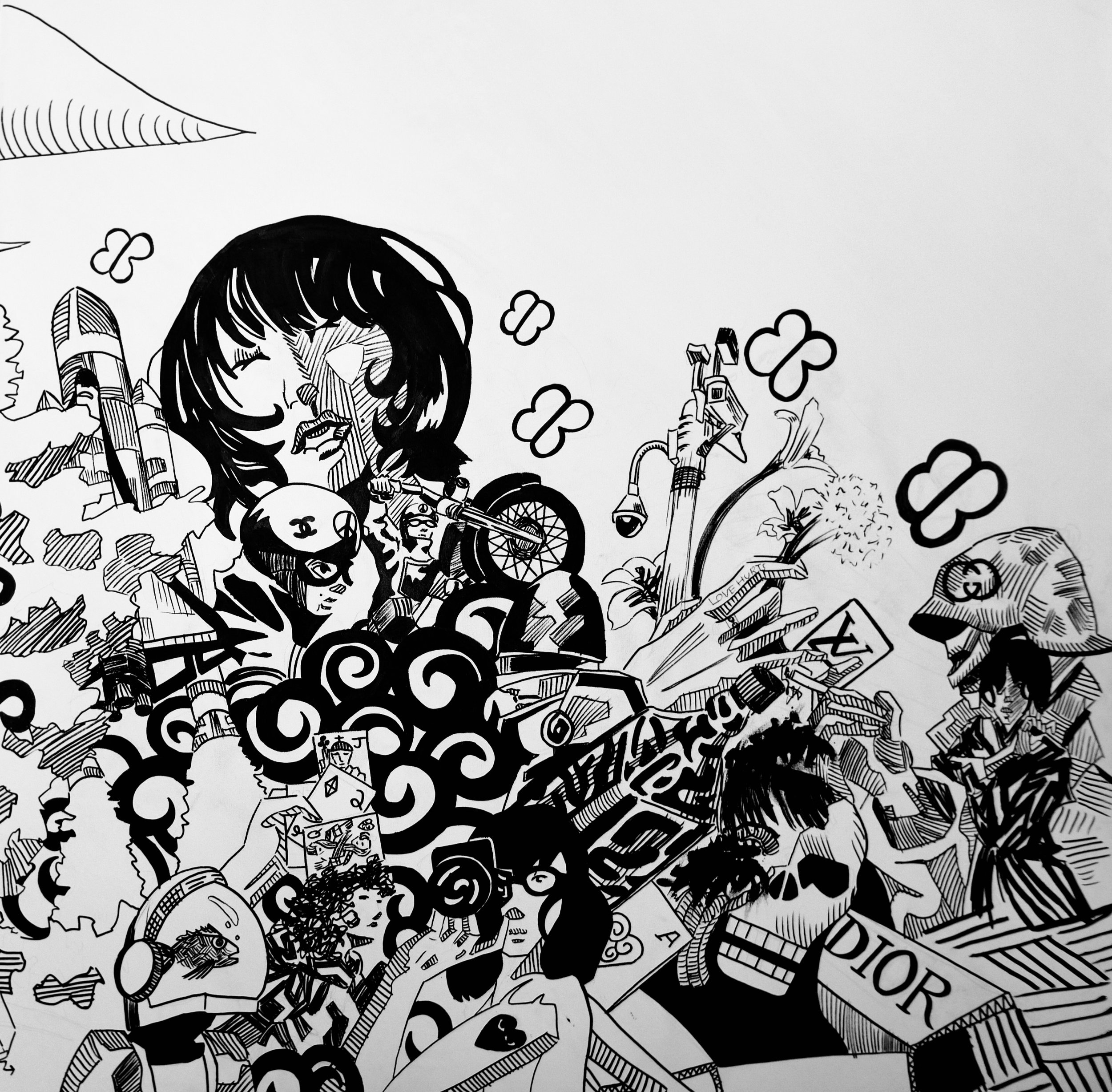 Black and white illustration featuring a girl with long hair, surrounded by various objects and patterns, including a bicycle, clouds, and text. The image has a detailed, cartoonish style.