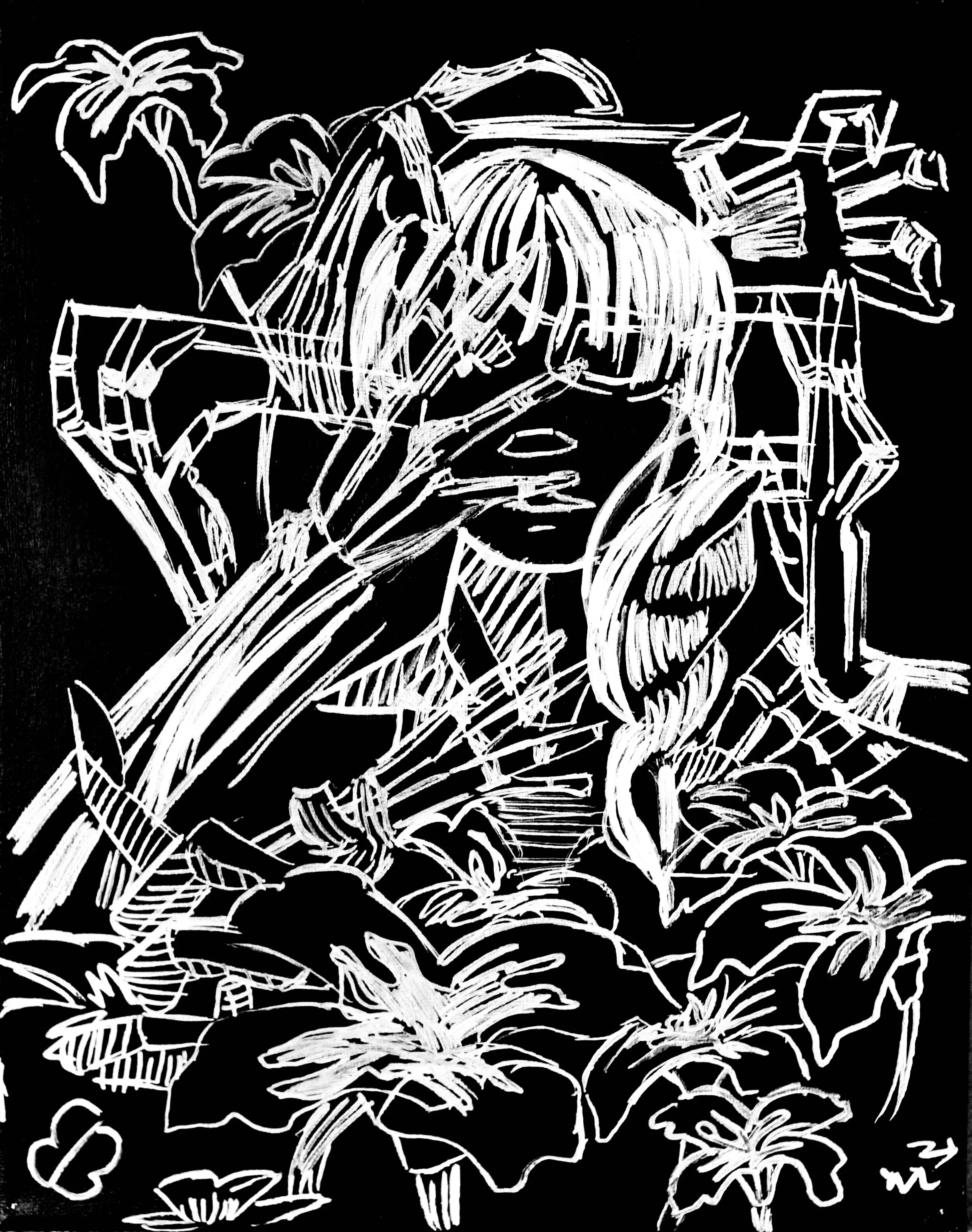 White line drawing of a person with their head resting on their hand, sitting in a thoughtful pose, on a black background.