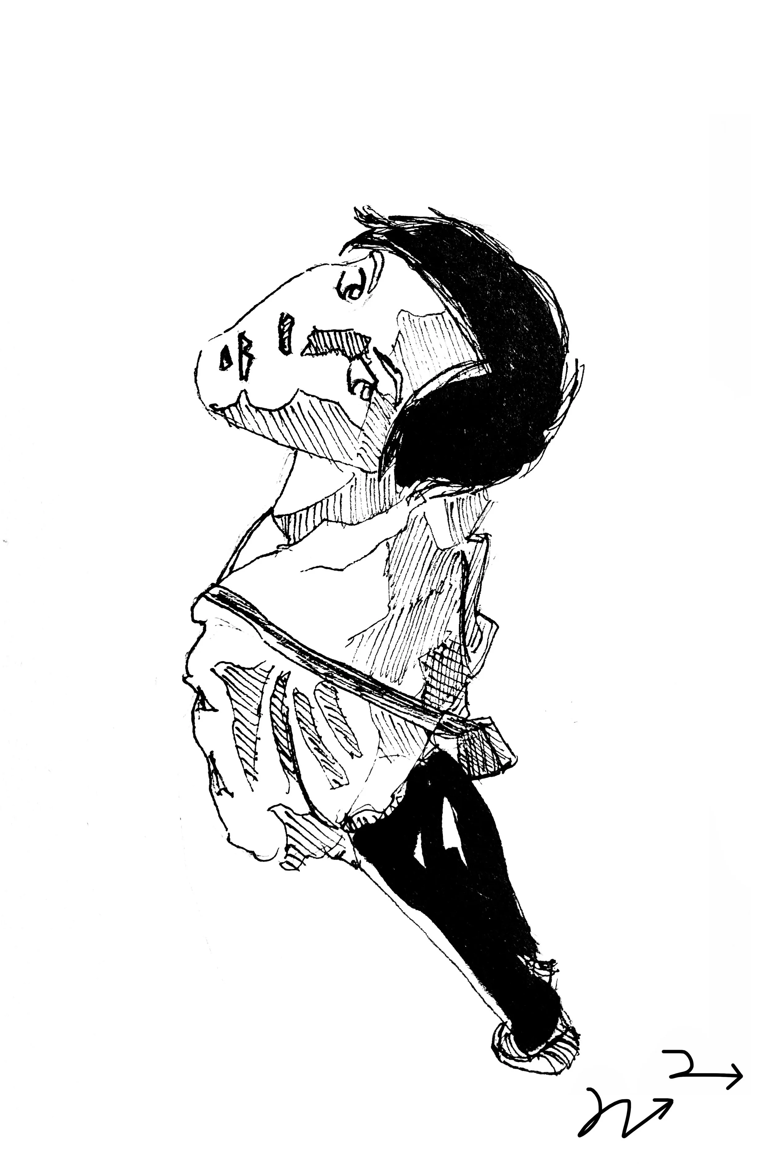 Line drawing of a woman dancing or moving, wearing a jacket, skirt, and sneakers, with text and arrows at the bottom.