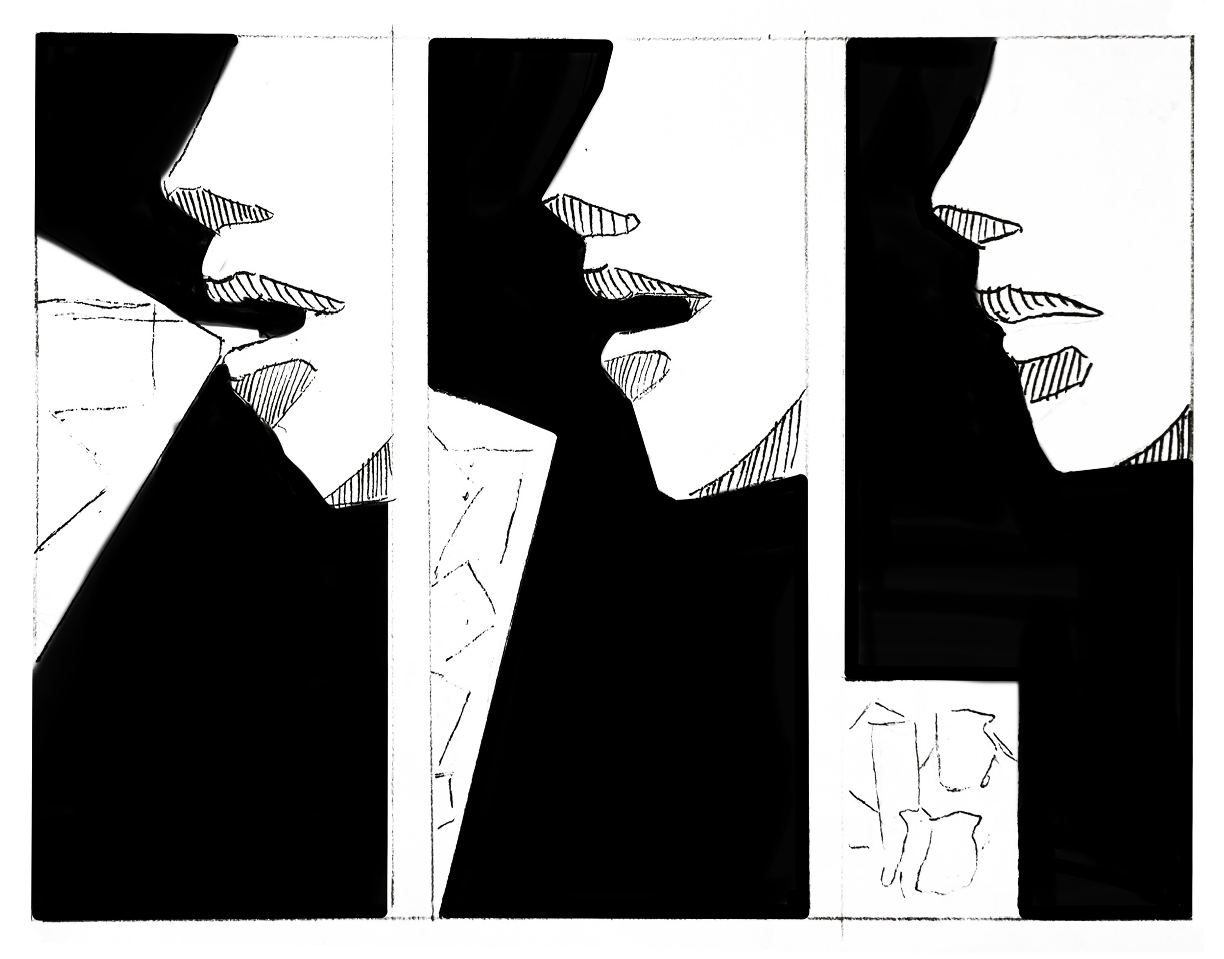Black and white artwork depicting a woman's face in profile, divided into three vertical panels with bold lines and stylized shading.