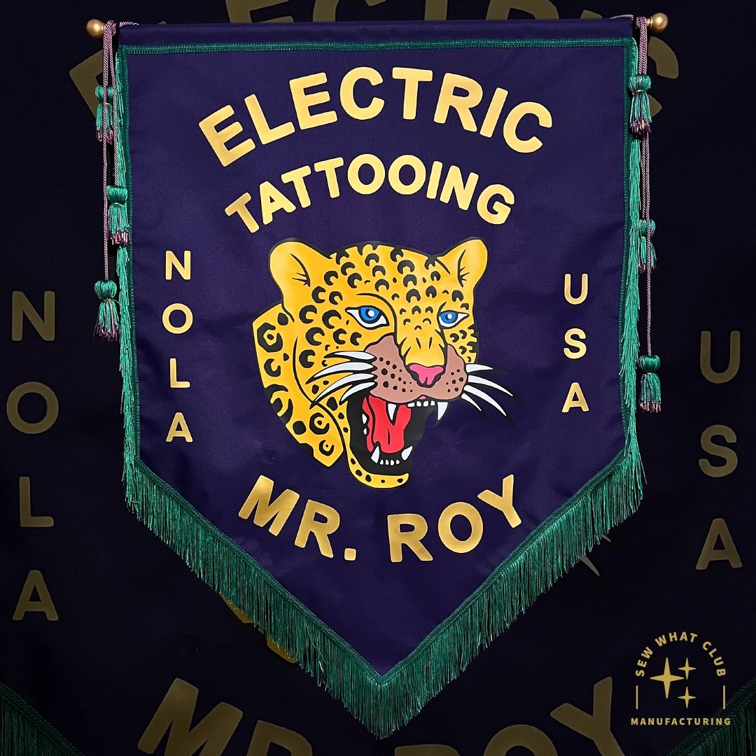 Sent this banner to New Orleans yesterday for @royhalltattoo . 🐆💜💚💛. Thank you Roy for choosing me to bring your design to life! 34in wide by 48in long on canvas. Made November 2024 #tattoobanner #conventionbanner