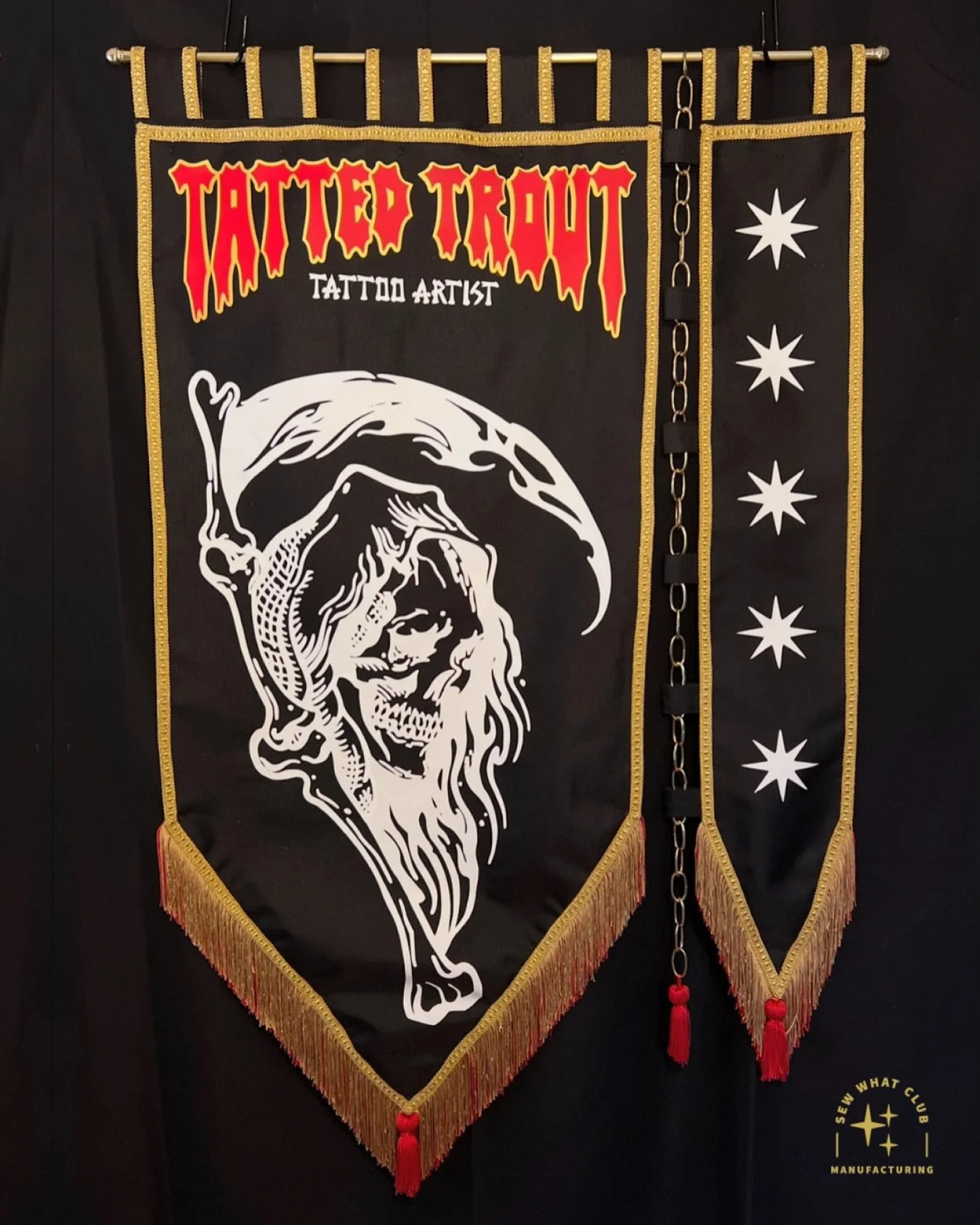 Thank you to the talented @tattedtrout for collaborating with me on this rad banner! This is my first Wisconsin banner too! Made June 2025 on canvas with brass chain. Large panel 22in wide by 3ft 11in and smaller panel 7in wide by 3ft 8 in long. #tat