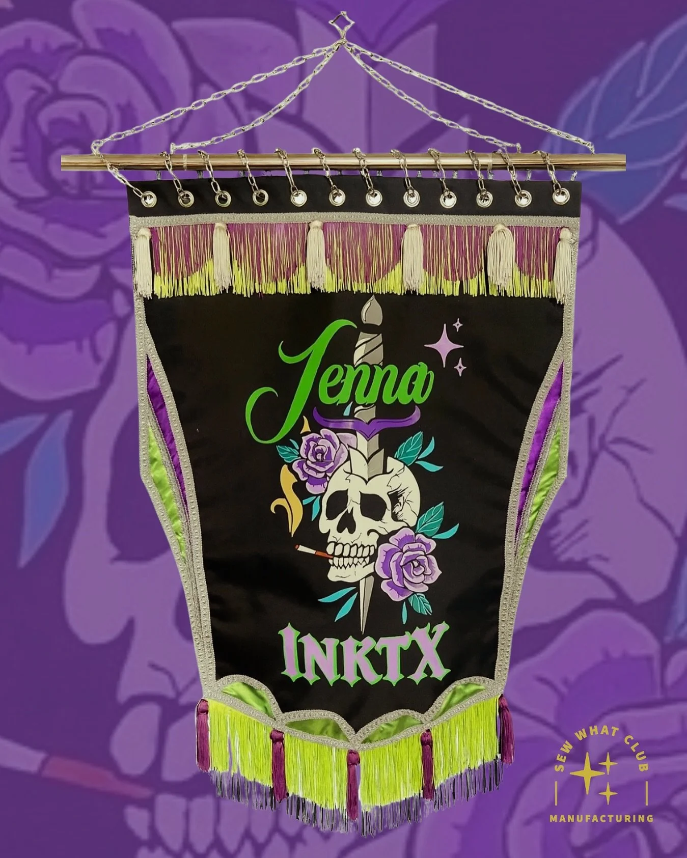 I had the pleasure of working on @jenna.inktx first convention banner! Make sure to keep an eye out for her under this baby at @longhornstatetattooexpo this weekend! 24in x 46in on canvas with stainless steel chain work. #conventionbanner #tattoobann
