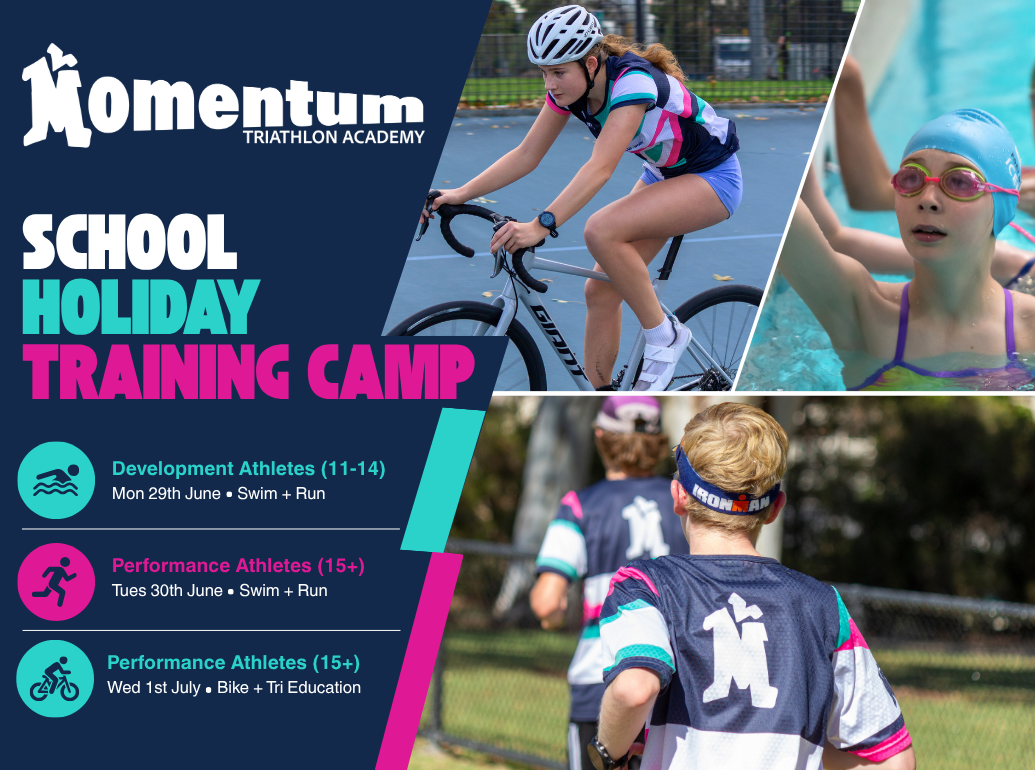 Poster advertising a summer camp with photos of children swimming, smiling, and cycling. The camp includes activities like swimming, running, and biking, with specific sessions for different age groups and dates from April 13th to April 15th.