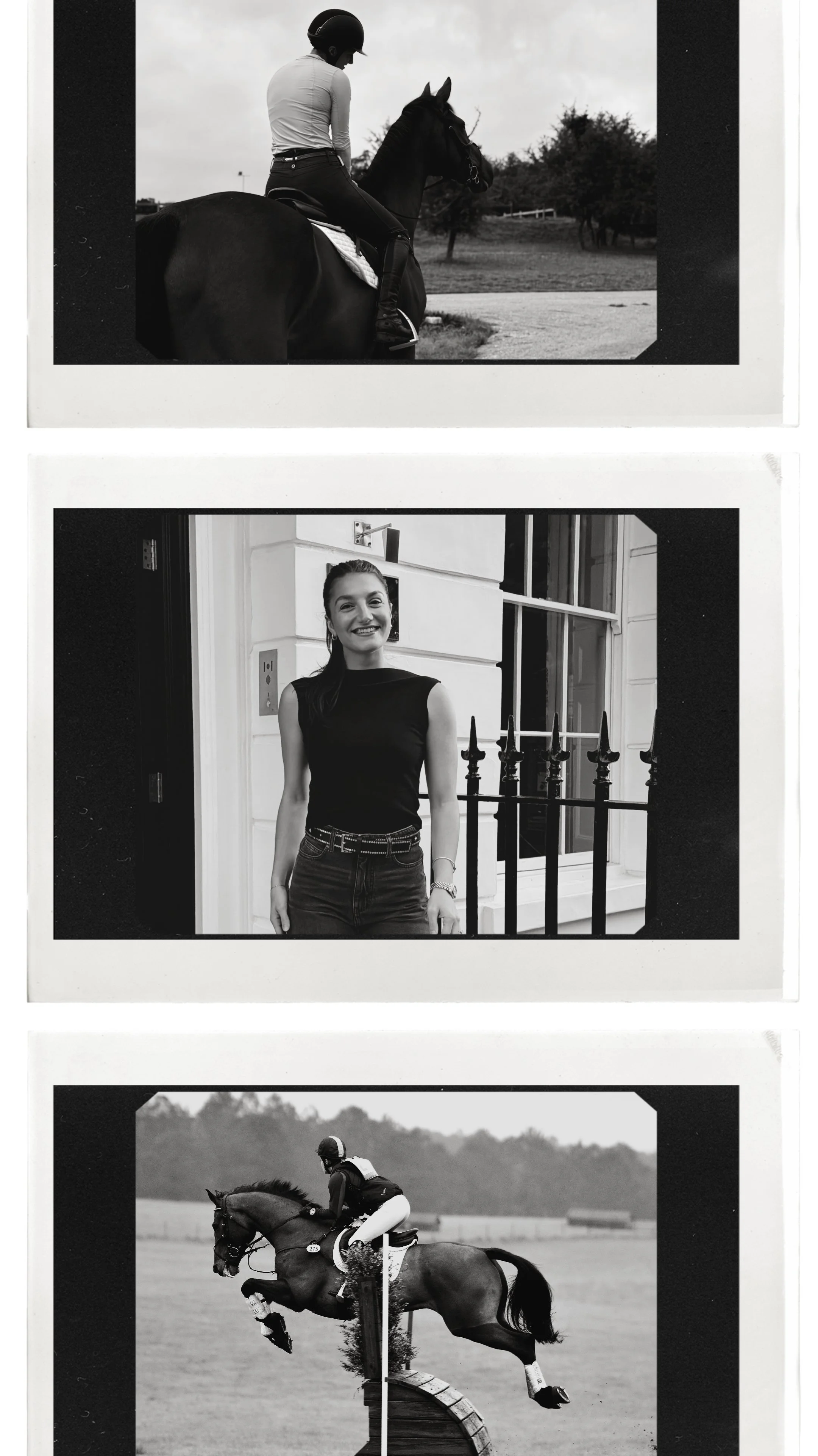 Black and white photo strip showing three images: top image of a woman riding a horse outdoors, middle image of a woman smiling inside near a window, bottom image of a person riding a horse jumping over eventing jump.
