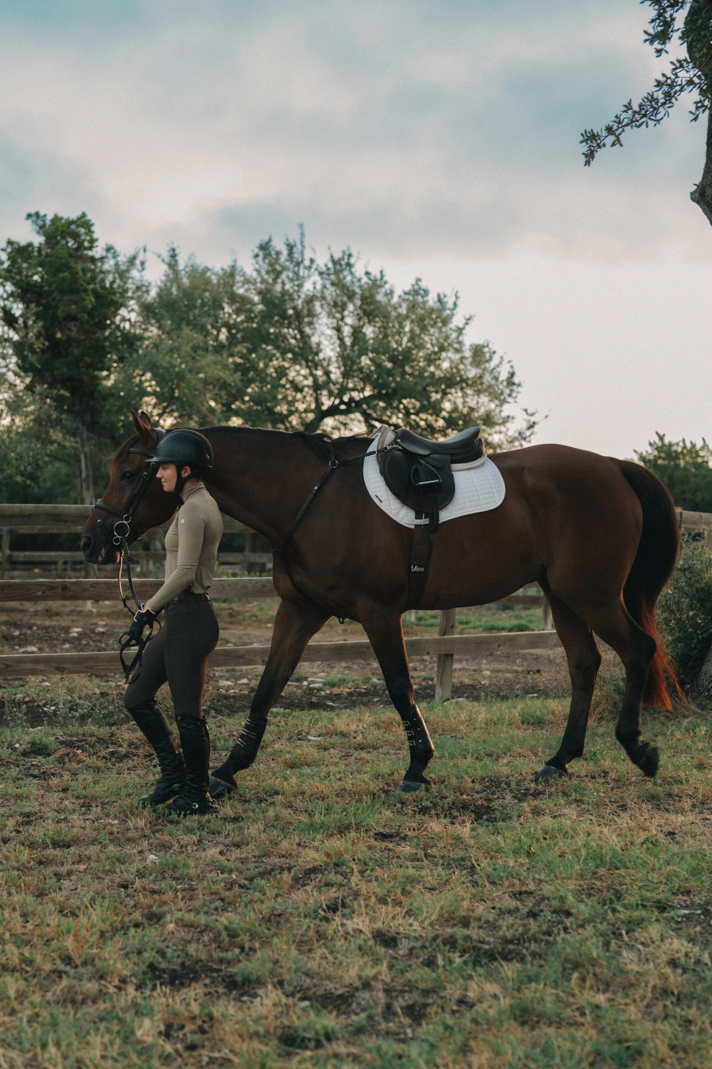 A woman in riding gear, including a helmet, walking alongside a brown horse with a saddle and white saddle pad in an outdoor riding arena with a wooden fence, trees in the background, and a cloudy sky.