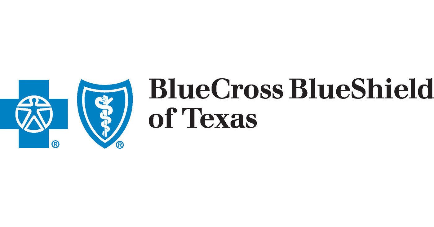BlueCross BlueShield of Texas logo with a blue cross, a shield with a snake and staff, and the company name in black text on a white background.