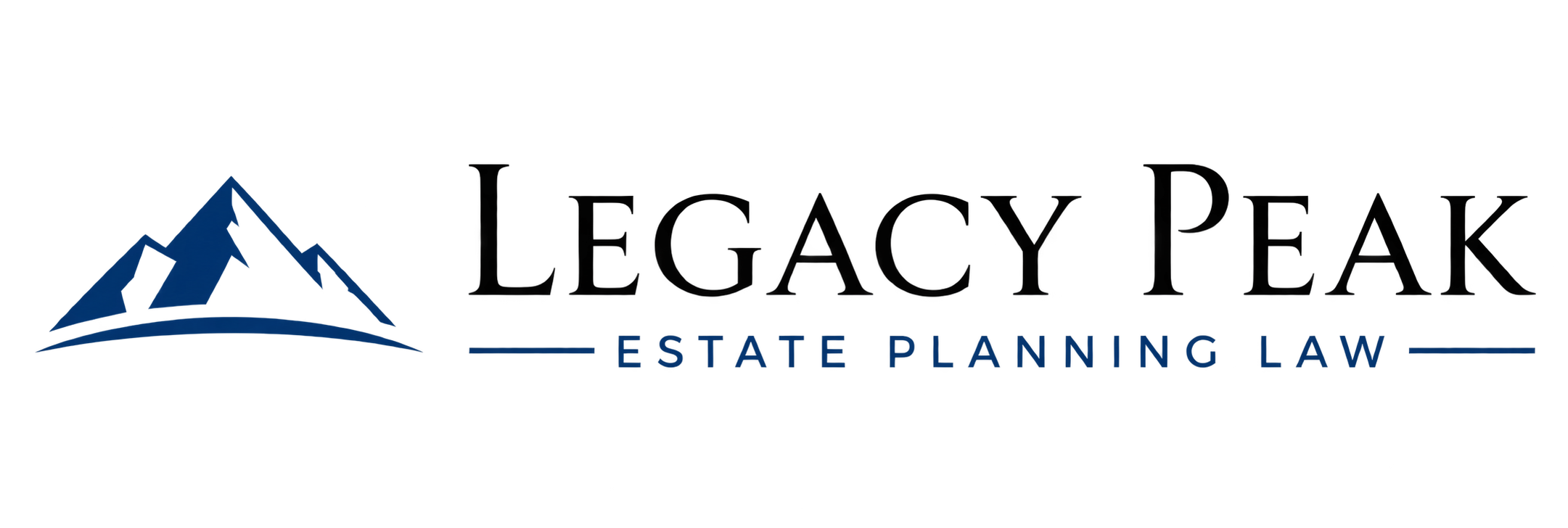 Logo of a an estate planning law firm featuring stylized blue mountain peaks and the words 'Legacy Peak' in large black font with 'Estate Planning Law' in smaller blue font below.