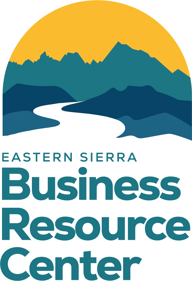 Logo for Eastern Sierra Business Resource Center featuring a stylized mountain landscape with a river and a yellow semi-circle sunset or sunrise in the background.