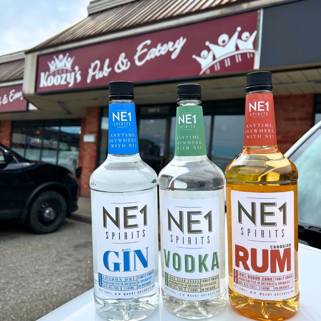 NE1 at Koozy&rsquo;s Pub &amp; Eatery
@koozypub 

I am happy to share that NE1 Spirits is now fully stocked here.  Not to mention every flavour of our 1883 Syrup lineup for quick, easy, and efficient cocktails. 

Being referred to this location by an