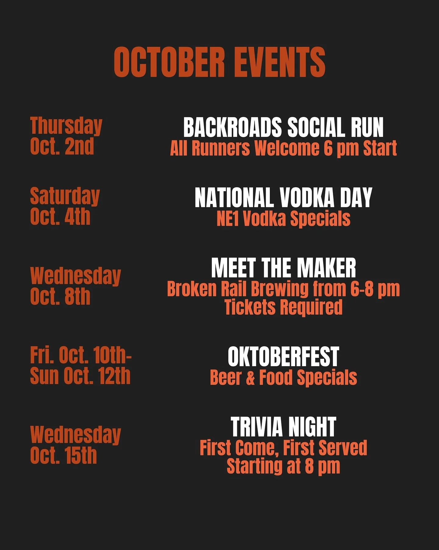 October is packed at The Still Bar &ndash; here&rsquo;s what&rsquo;s happening:

Thursday Oct. 2nd &ndash; Social Run with @backroadsbrewsandshoes All runners welcome 6 pm start, 5km and 7km routes Saturday Oct. 4th &ndash; National Vodka Day $5 NE1 