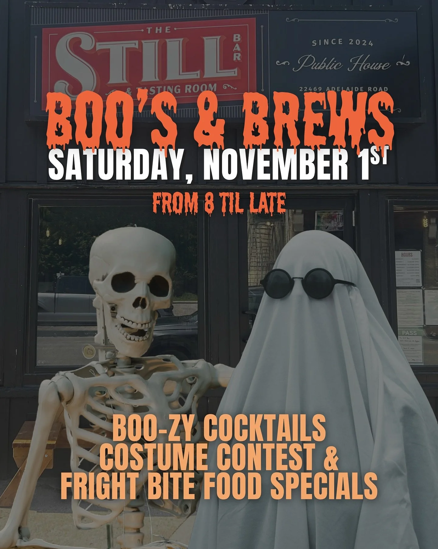Get ready for a spooky night out in Mount Brydges!

Join us on November 1st for our Halloween party: Boos &amp; Brews.

What&rsquo;s Happening:
* A thrilling Costume Contest with prizes for the best dressed
* Exclusive Halloween Cocktail Features
* D