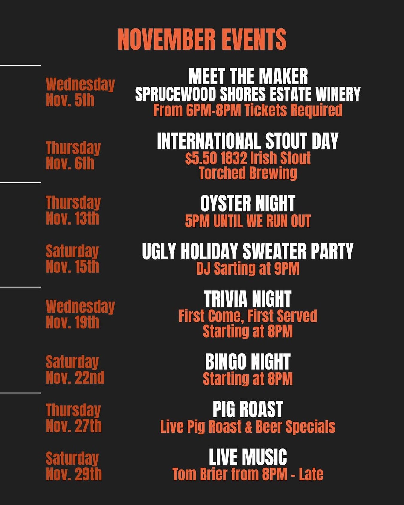 November Events at The Still!

From our crowd-favorite trivia night, to our freshly shucked Oyster Night, there&rsquo;s always something happening.

We&rsquo;ve got live music, a live pig roast you won&rsquo;t want to miss, then in true holiday fashi