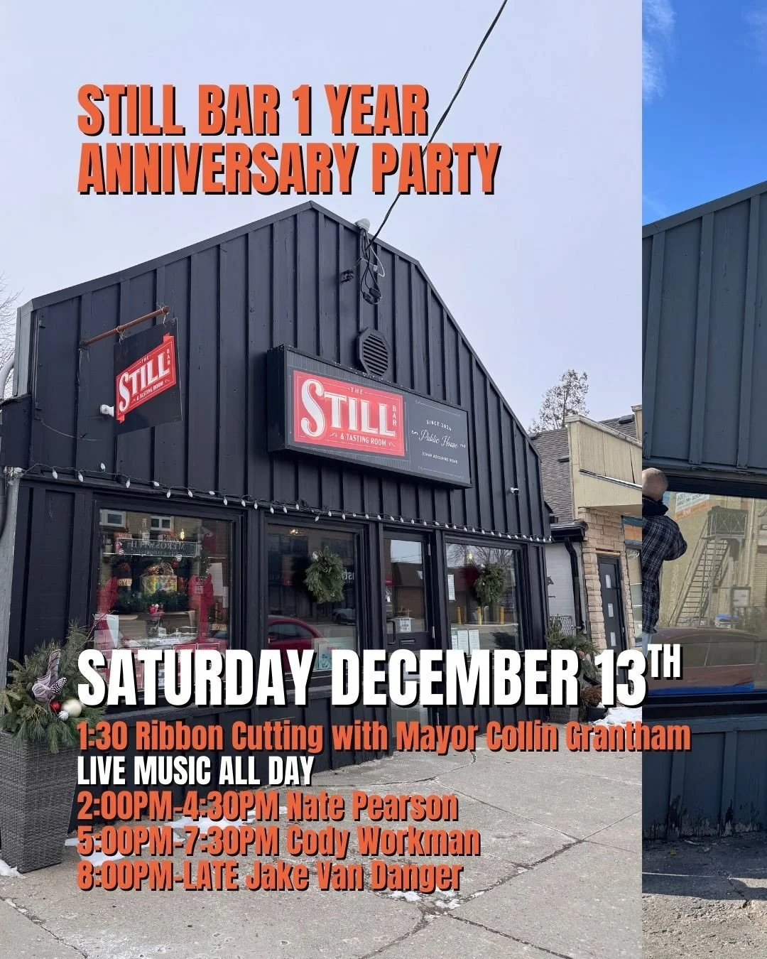 Celebrate our anniversary at the Still Bar with a full day of fun.

The party starts at 1:30PM with a ribbon cutting ceremony with Mayor Colin Grantham, followed by Live music all day! @nathaniel._pearson from 2:00PM to 4:30PM Cody Workman from 5:00P