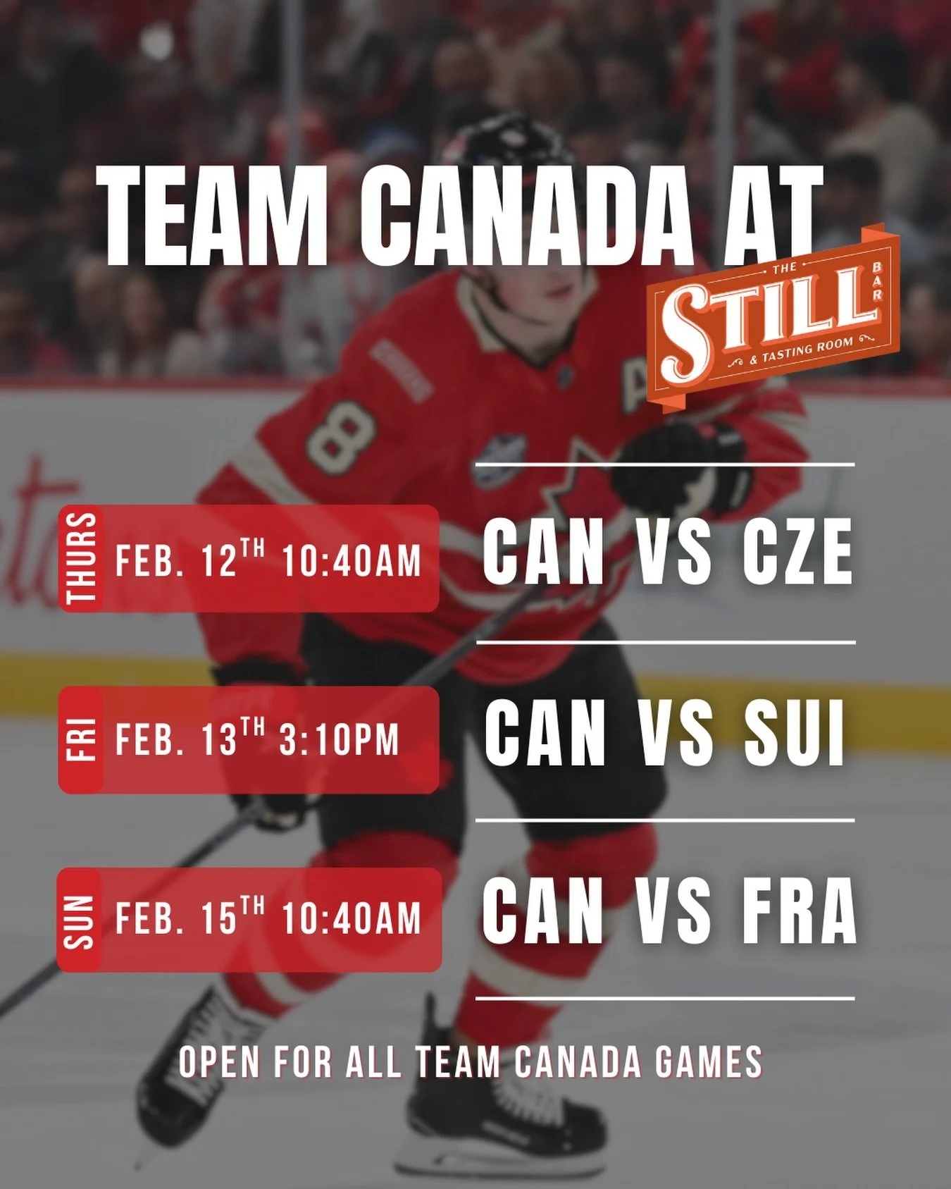 Go Canada! 🇨🇦

The Olympics are approaching! Cheer on Canada with us at The Still. We will be open for all Team Canada Hockey Games. Grab a craft cocktail or craft beer &amp; come watch with us!

See you at The Still.