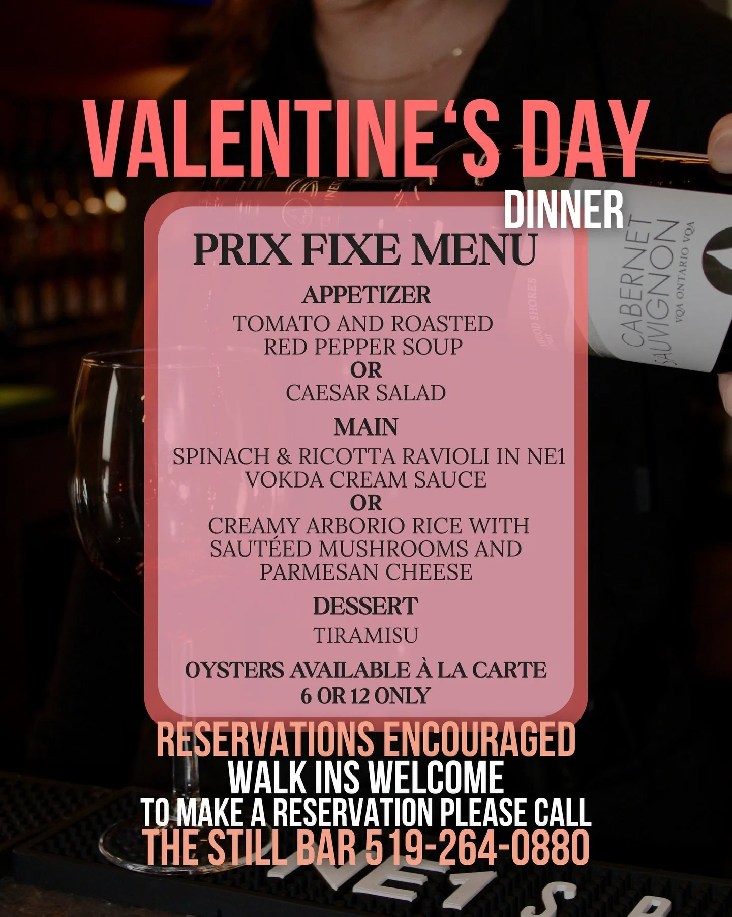 Valentine&rsquo;s Day plans? Consider them sorted.

Saturday, February 14th spend the night at The Still Bar. Have a seat &amp; come enjoy our special Prix Fixe Menu. We will also be shucking oysters and serving some delicious Valentine&rsquo;s cockt