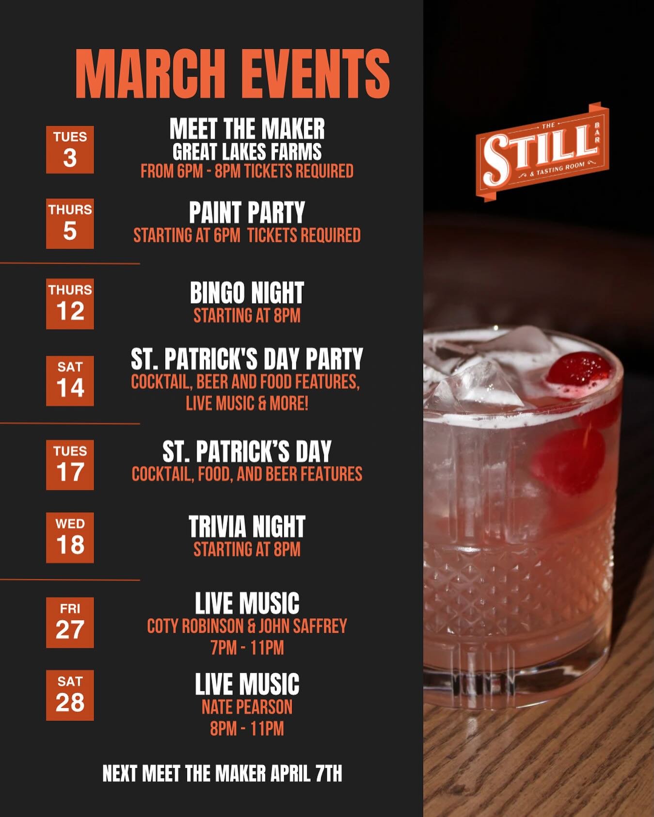 Another packed month at The Still! 

Come see what&rsquo;s happening in March

Tuesday March 3rd 
Meet The Maker 
Great Lakes Farms
6PM - 8PM Tickets Required

Thursday March 5th
Paint Night
Starting at 6PM tickets Required

Thursday March 12th 
Bing