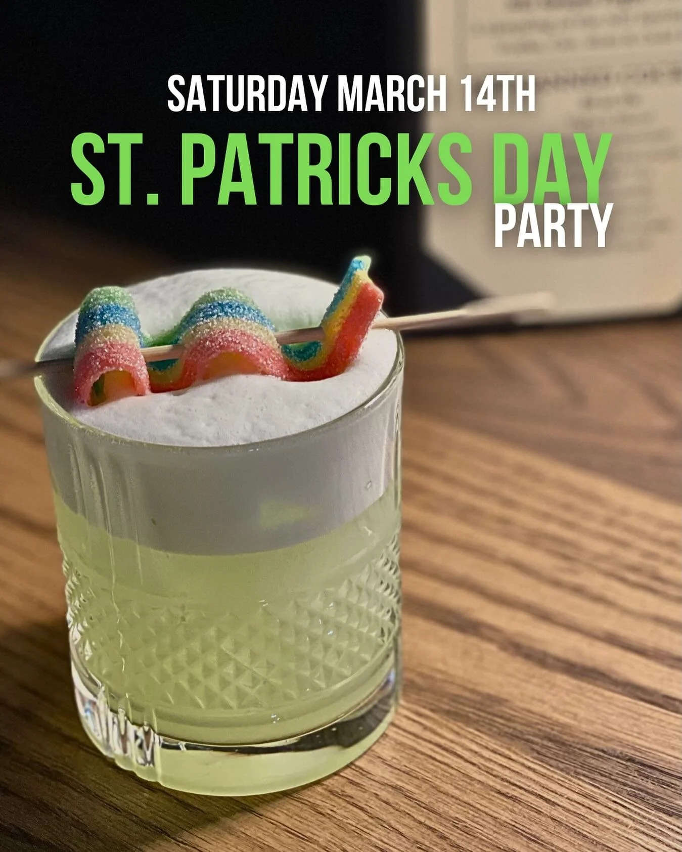 Come for the luck, stay for the cocktails 🍀

Join us Saturday March 14th, for our St. Patrick&rsquo;s Day party!

Sip on a Fuzzy Leprechaun, made with @ne1spirits Vodka, melon liqueur, lime juice &amp; egg whites, topped with soda. Garnished with a 